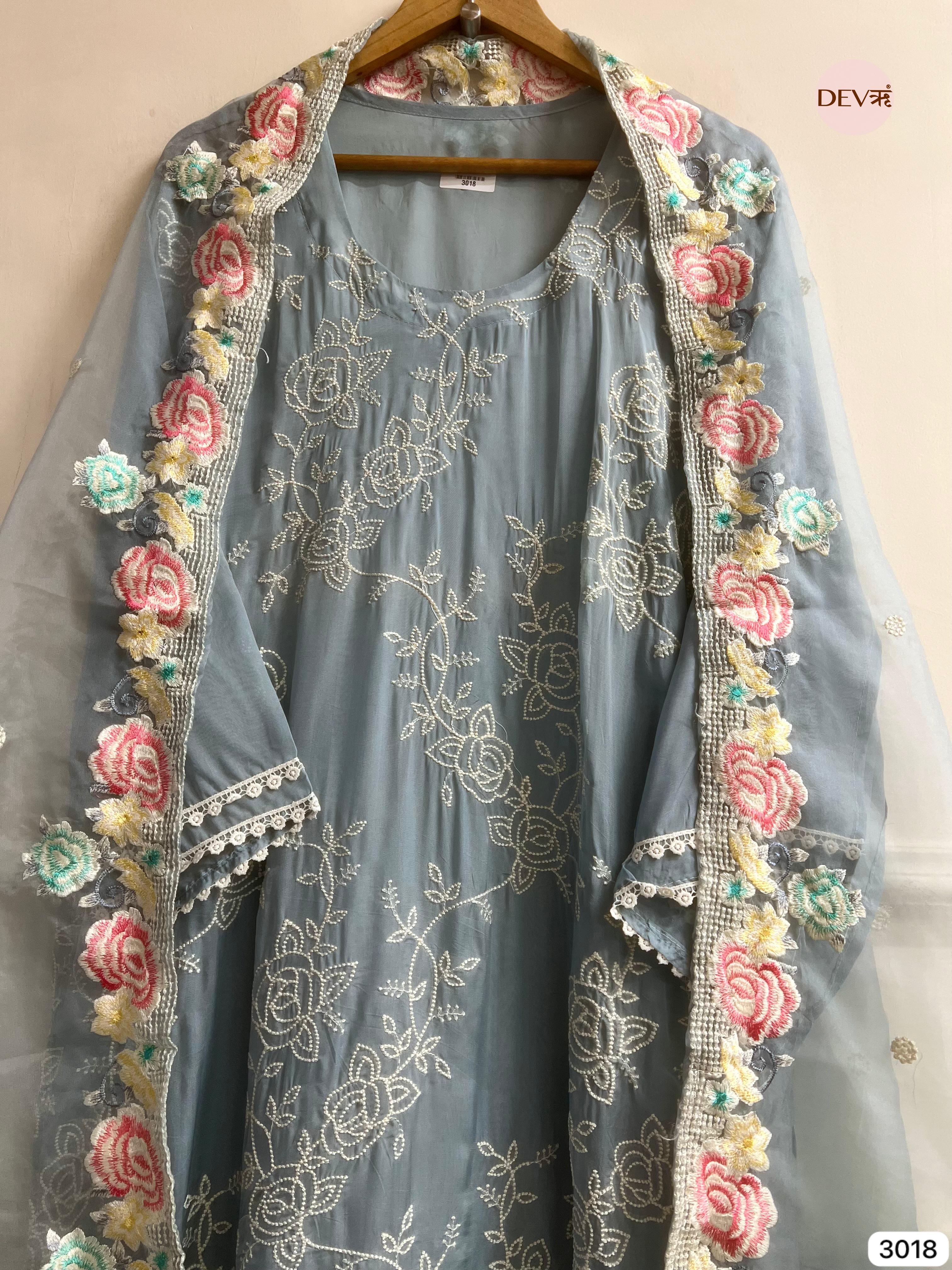 Grey Organza Embroidered Unstitched 3-Piece Suit (Devri – D.No 3018)