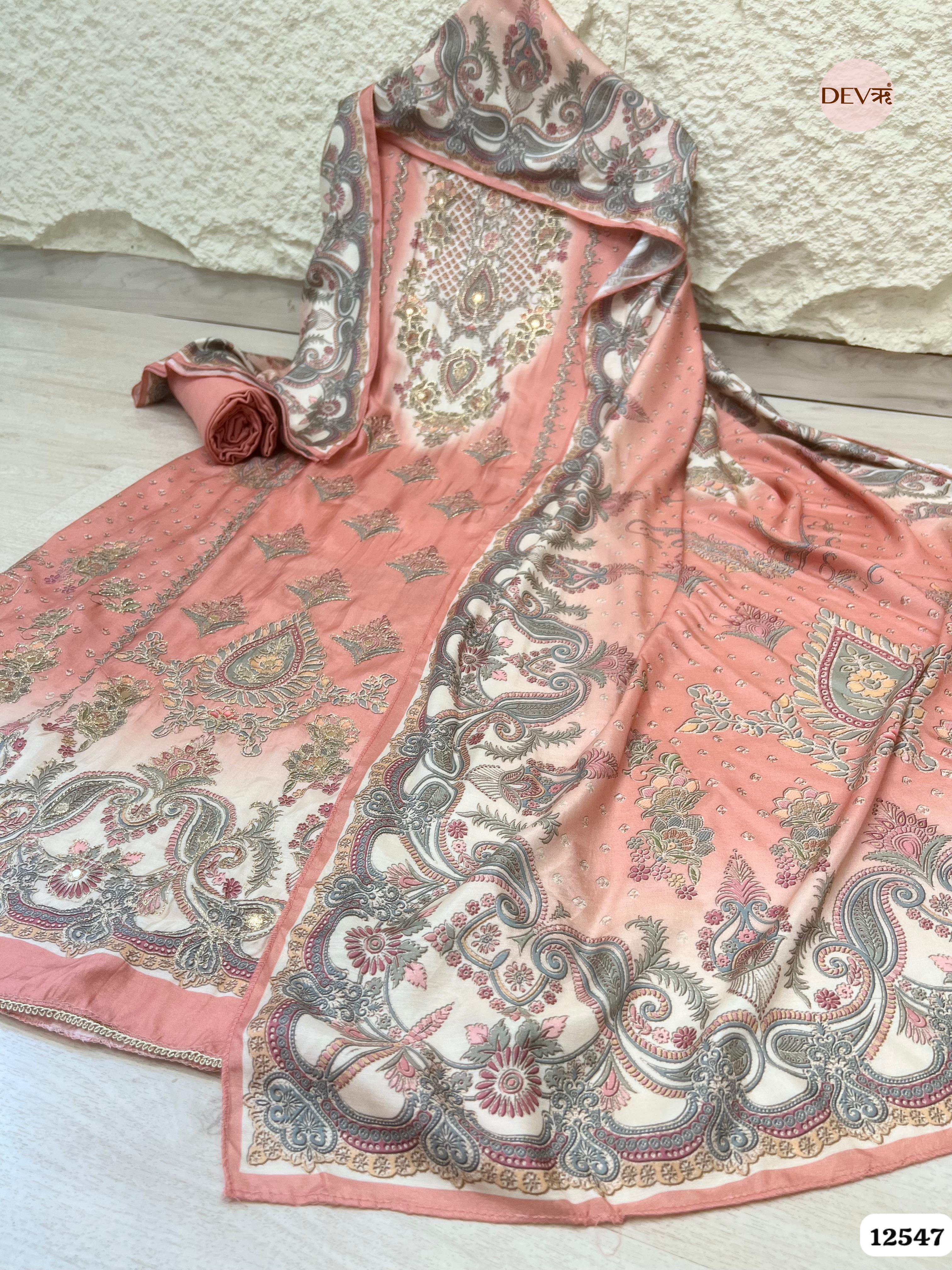 Peach Muslin Embroidered Unstitched 3-Piece Suit (Devri – D.No 12547)
