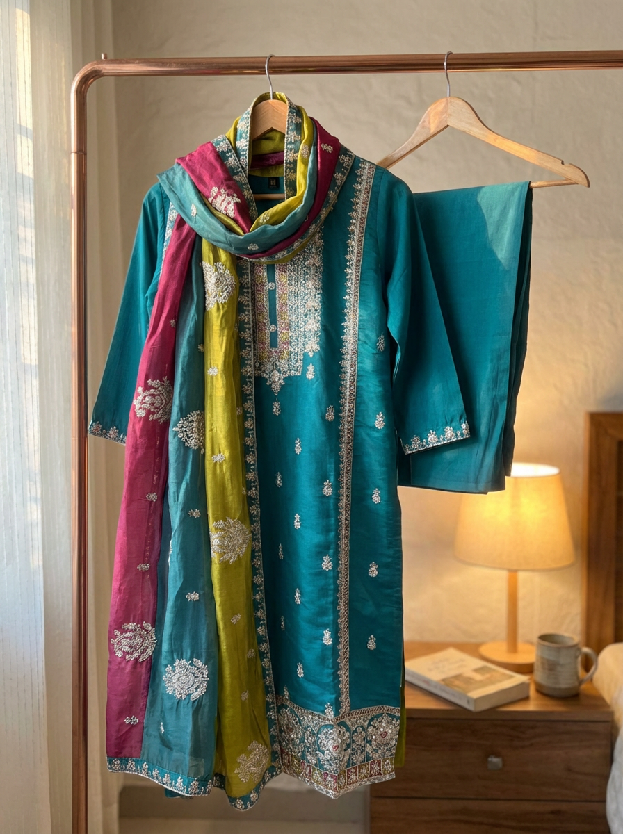 Vibrant Blue Silk Stiched Embroidered -Set Of 3 {1030}