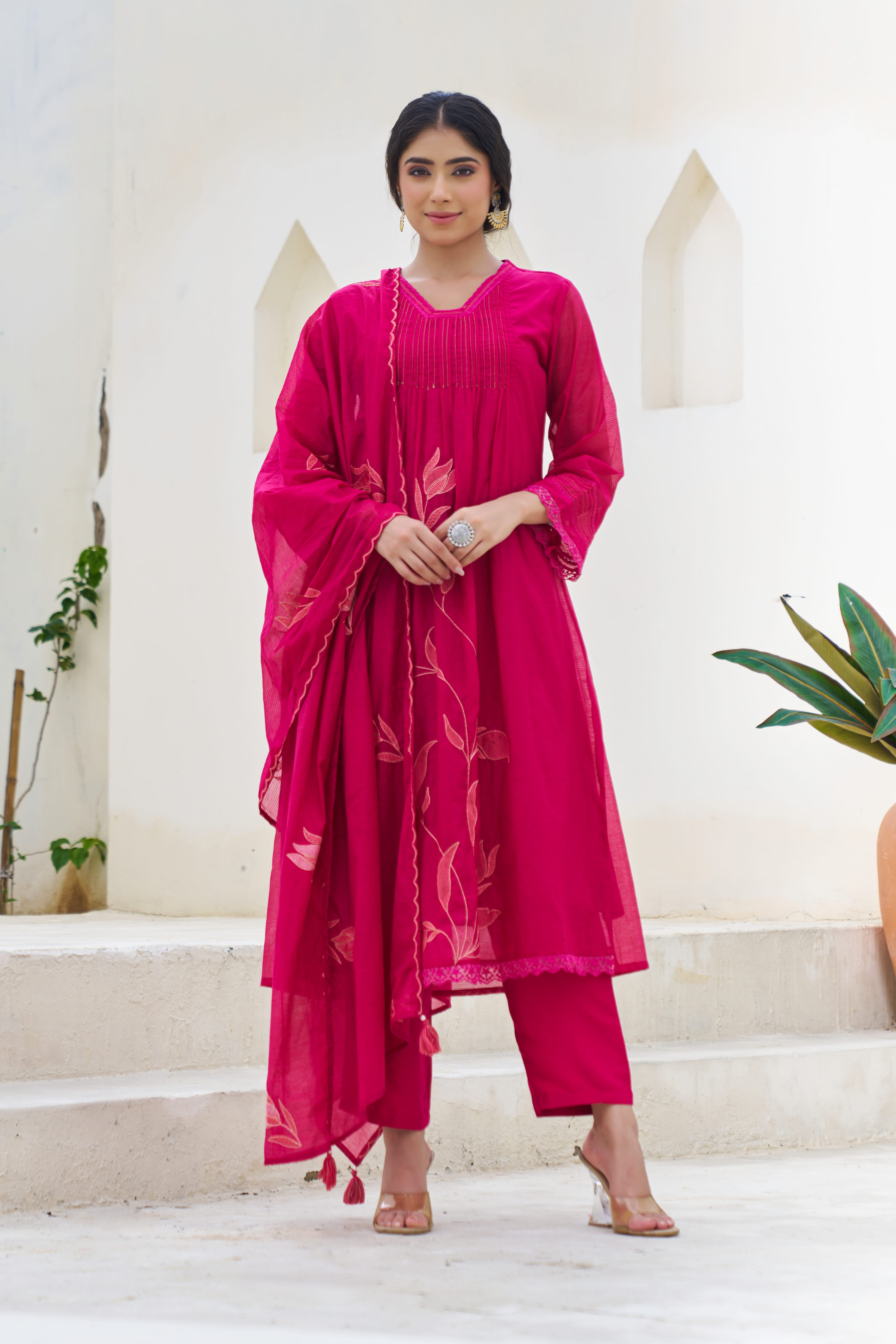 Vasundhara Mul Cotton Embroidered Wine 3-Piece Set (Devri – D.No 20056)