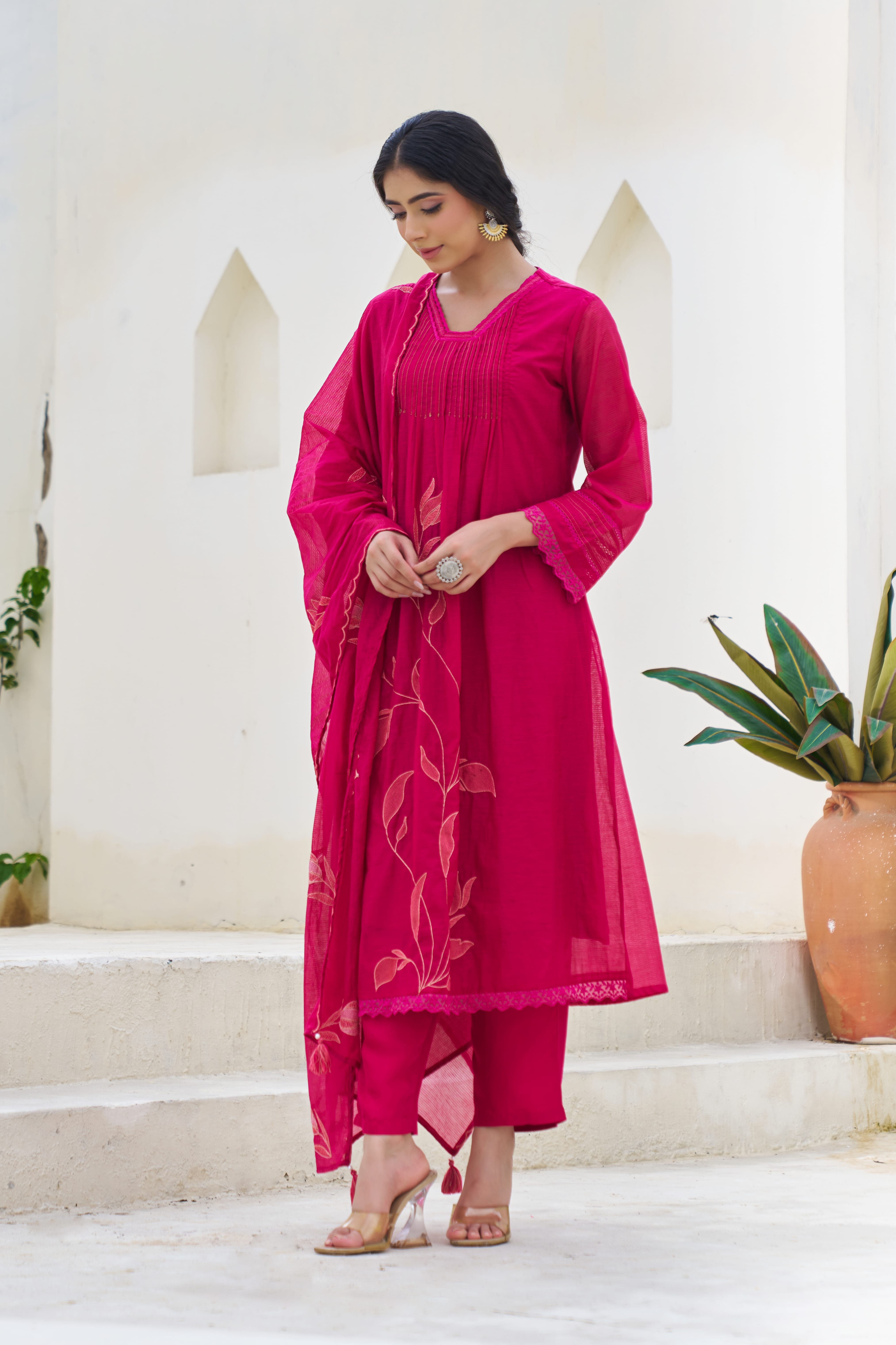 Vasundhara Mul Cotton Embroidered Wine 3-Piece Set (Devri – D.No 20056)
