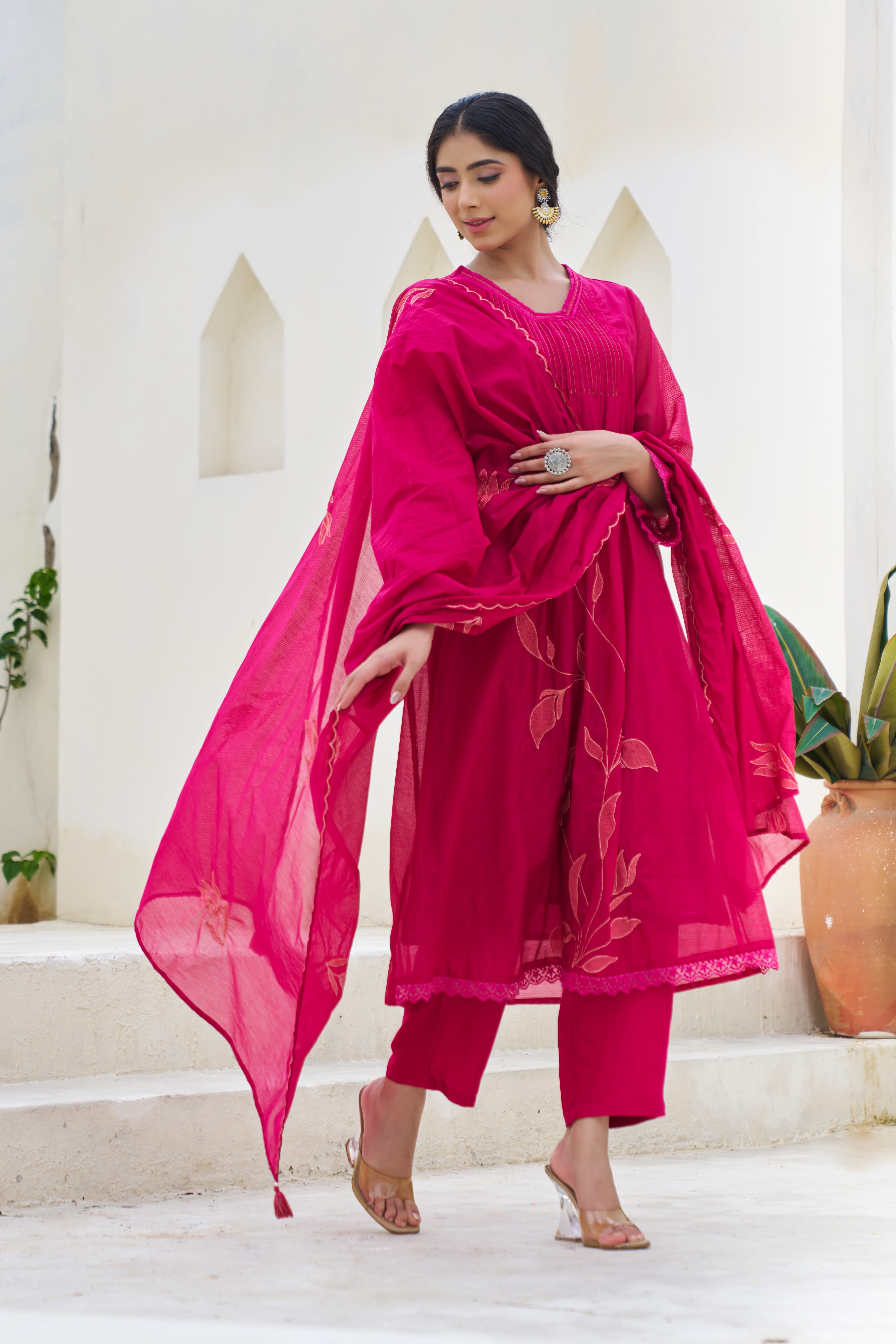 Vasundhara Mul Cotton Embroidered Wine 3-Piece Set (Devri – D.No 20056)
