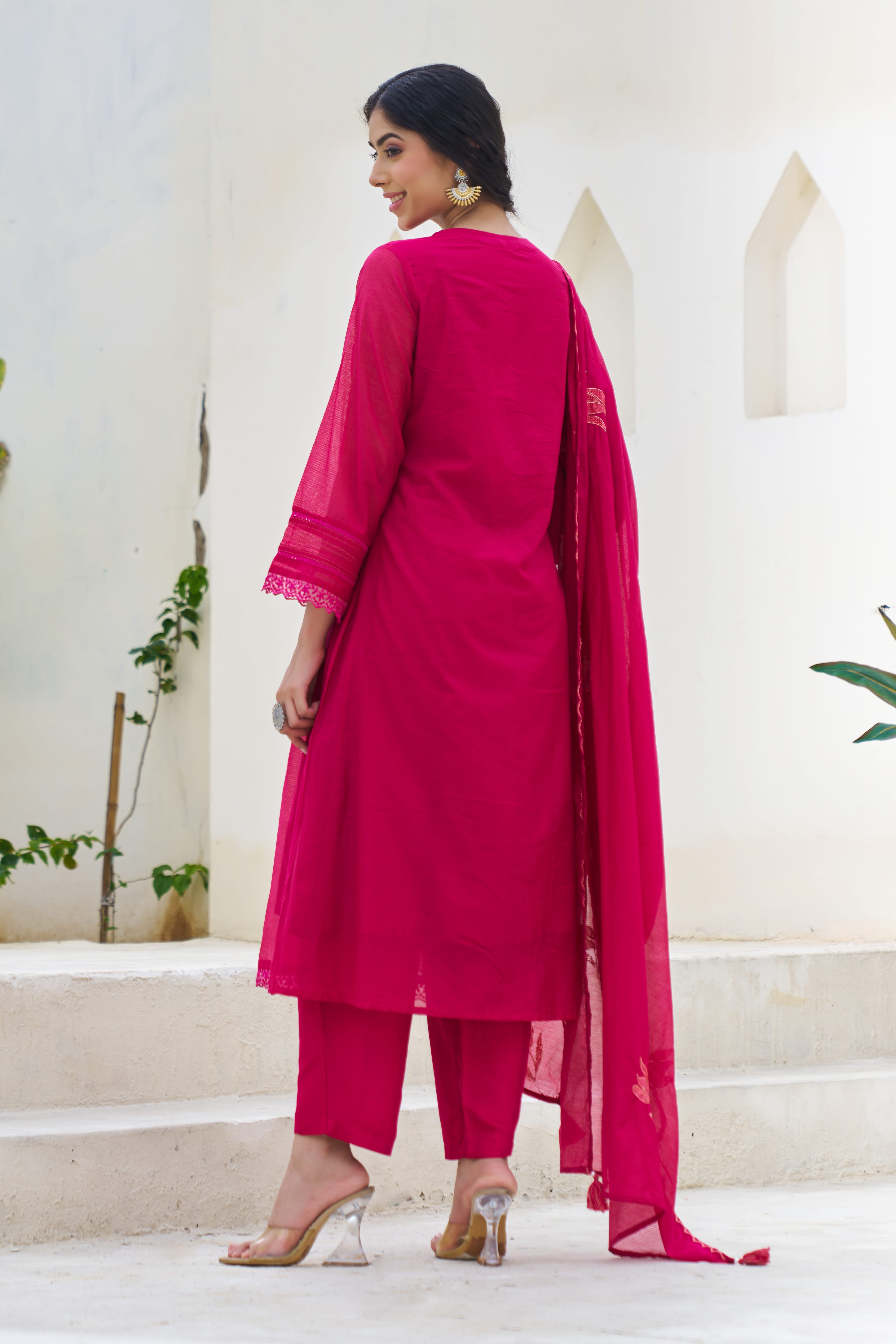 Vasundhara Mul Cotton Embroidered Wine 3-Piece Set (Devri – D.No 20056)