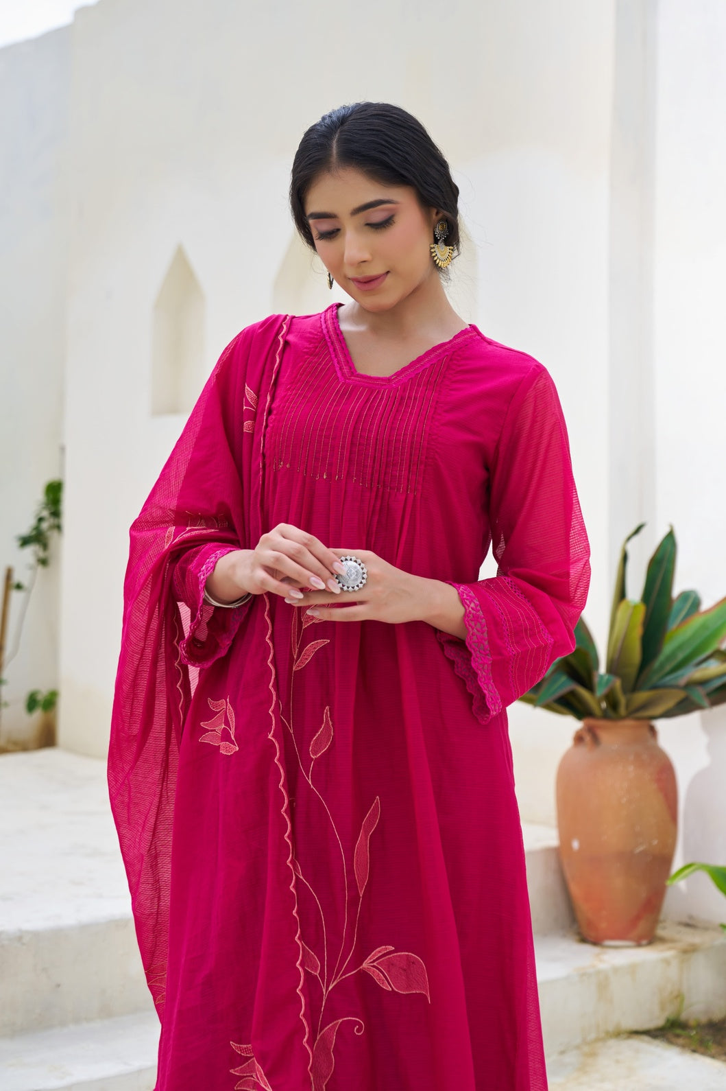 Vasundhara Mul Cotton Embroidered Wine 3-Piece Set (Devri – D.No 20056)