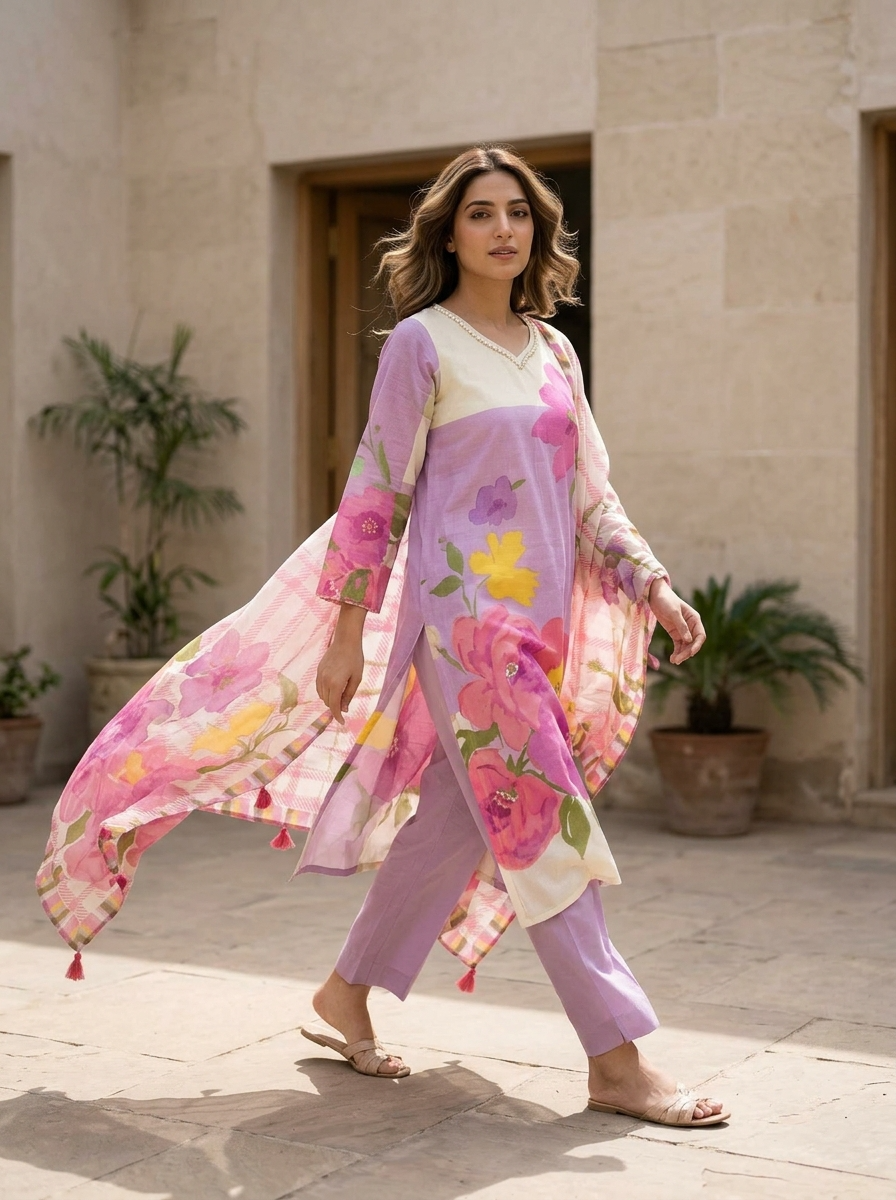Sia Pure Cotton Printed Lavender & Ivory 3-Piece Set (Devri – D.No 20089)