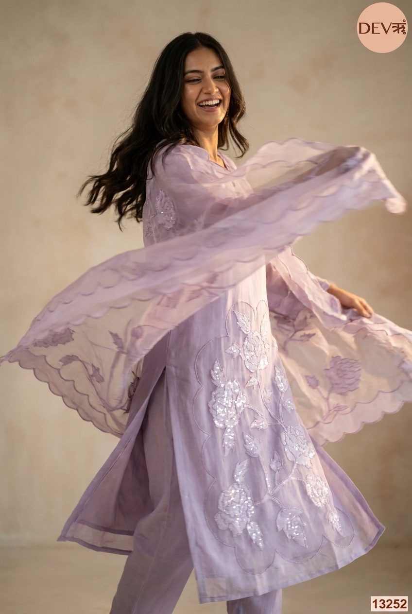 Lavender Mul Chanderi Embroidered Unstitched 3-Piece Suit (Devri – D.No 13252)