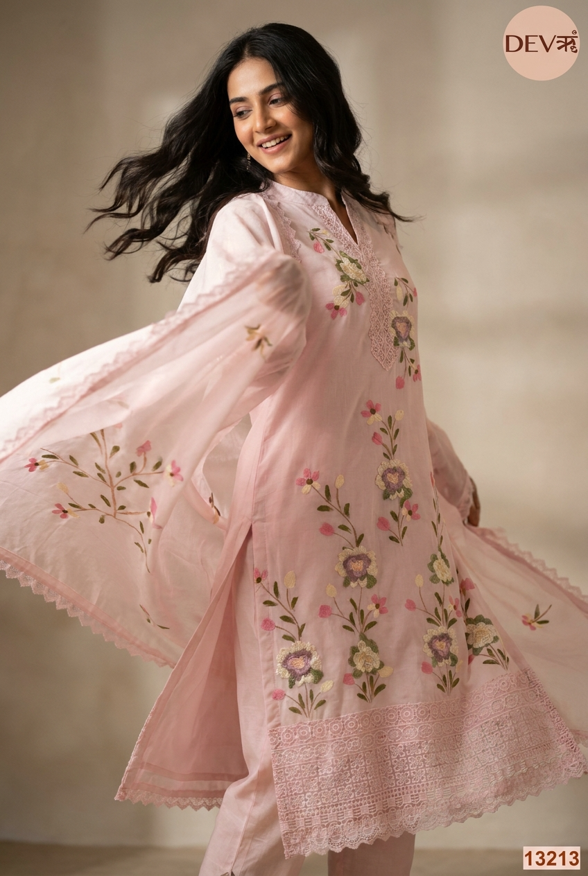 Pink Mul Chanderi Embroidered Unstitched 3-Piece Suit (Devri – D.No 13213)