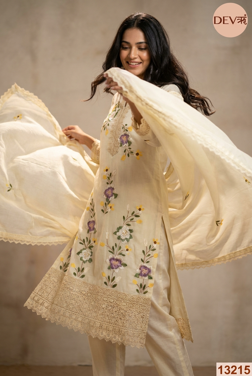Lemon Mul Chanderi Embroidered Unstitched 3-Piece Suit (Devri – D.No 13215)