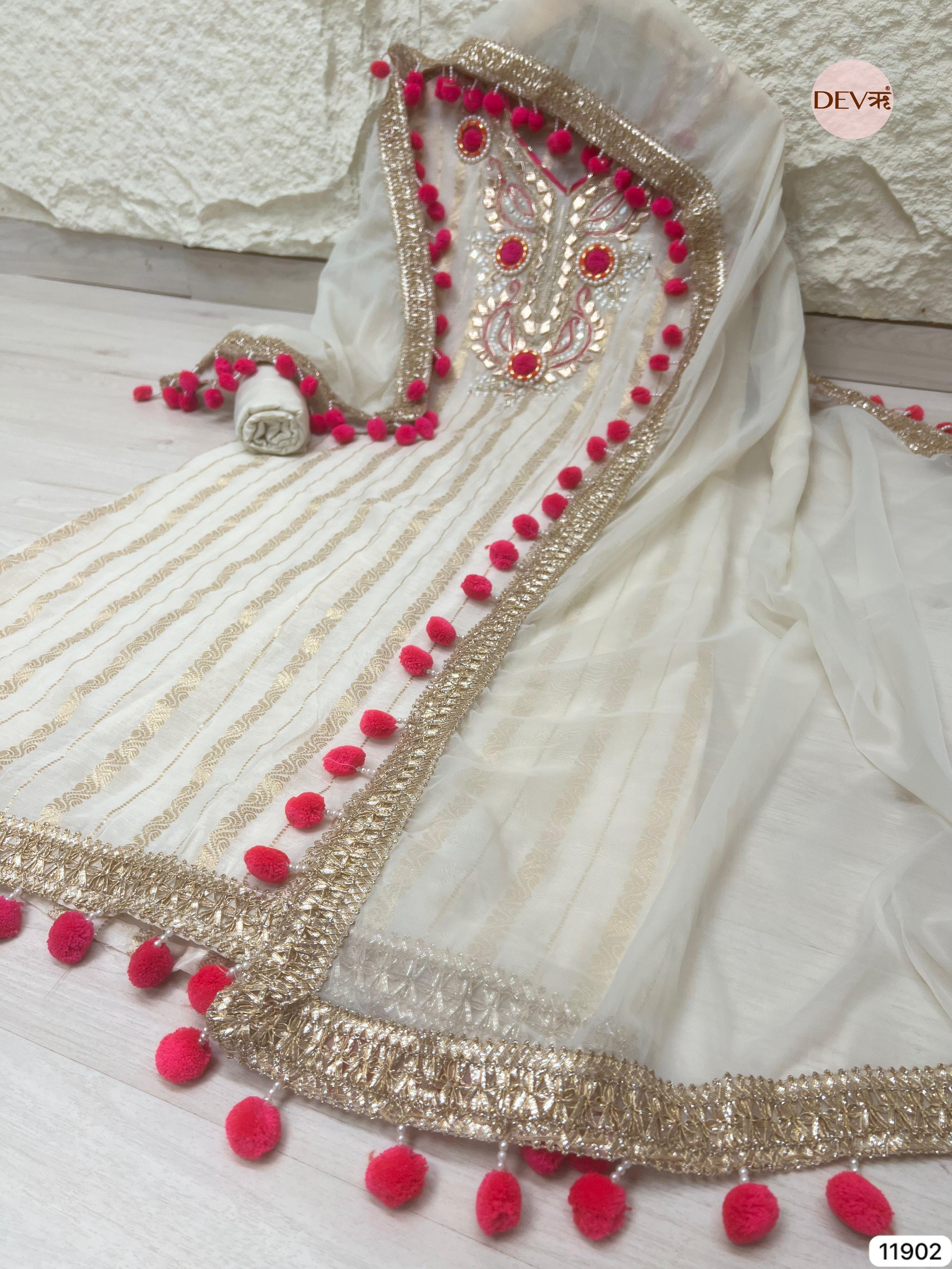 White Tissue Shimmer Silk Unstitched Hand Embroidered -Set Of 3 - {11902}