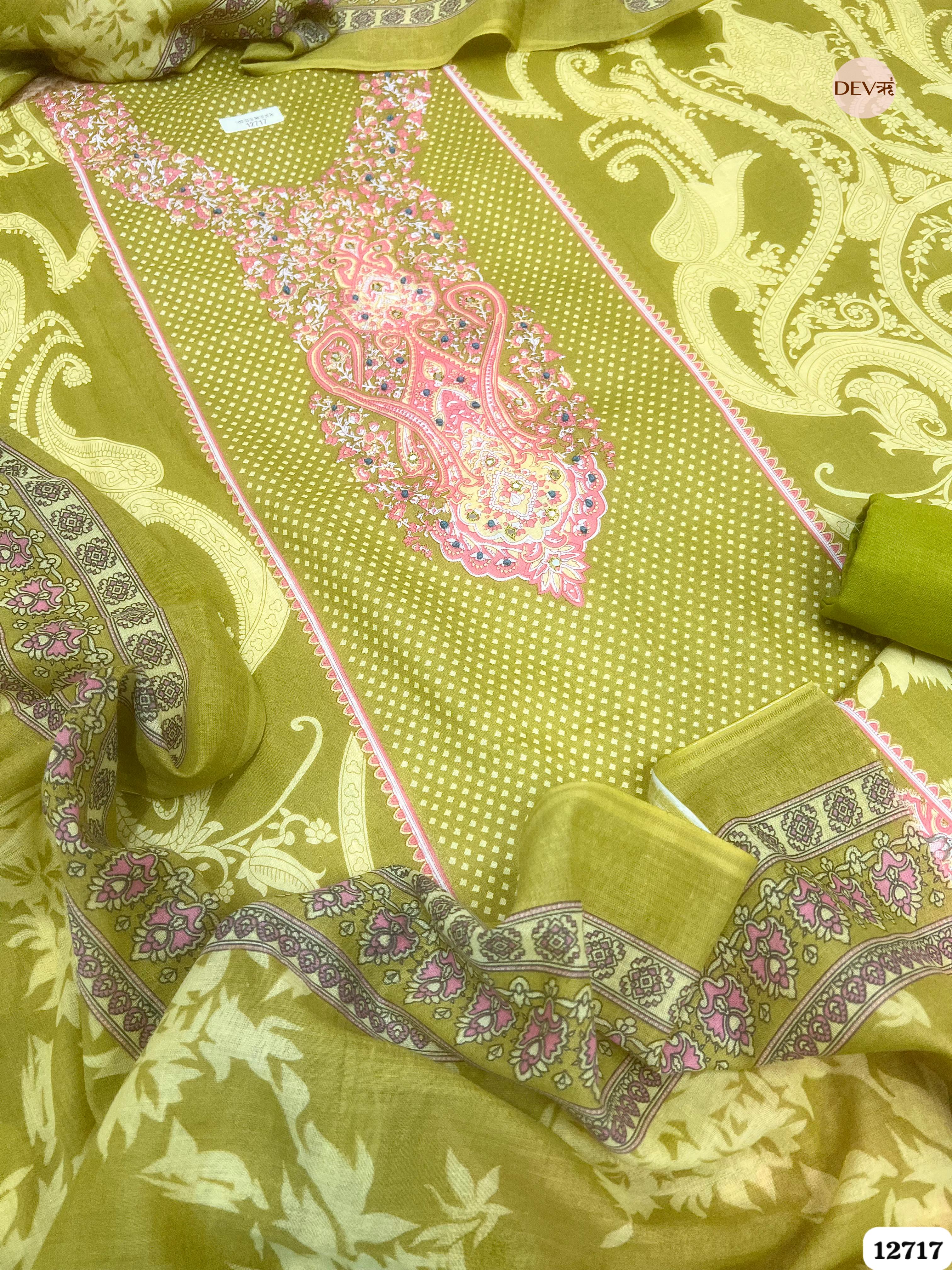 Green Cotton Printed Unstitched 3-Piece Suit (Devri – D.No 12717)