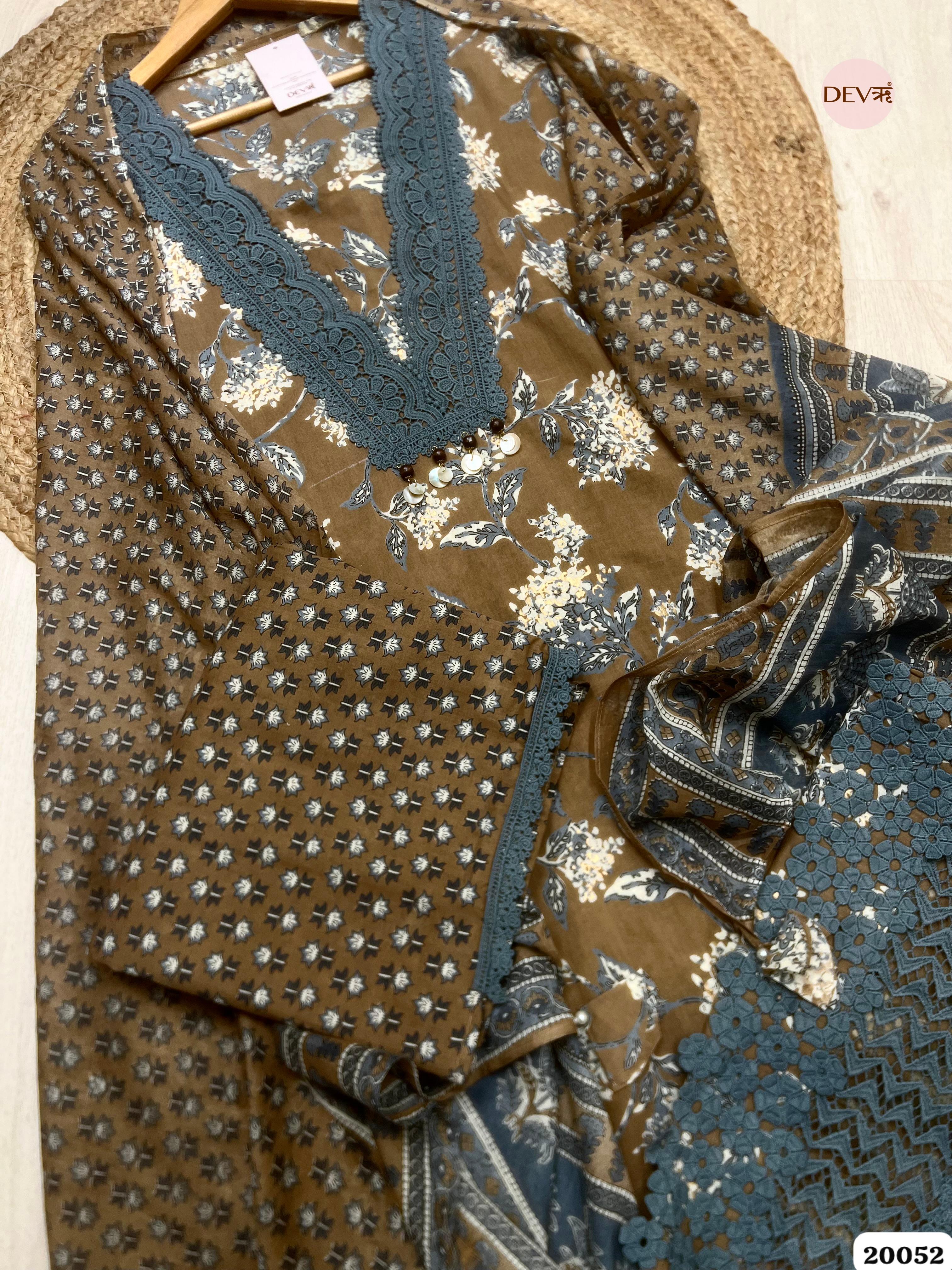 Olive Brown Pure Cotton Printed Unstitched 3-Piece Suit (Devri – D.No. 20052)