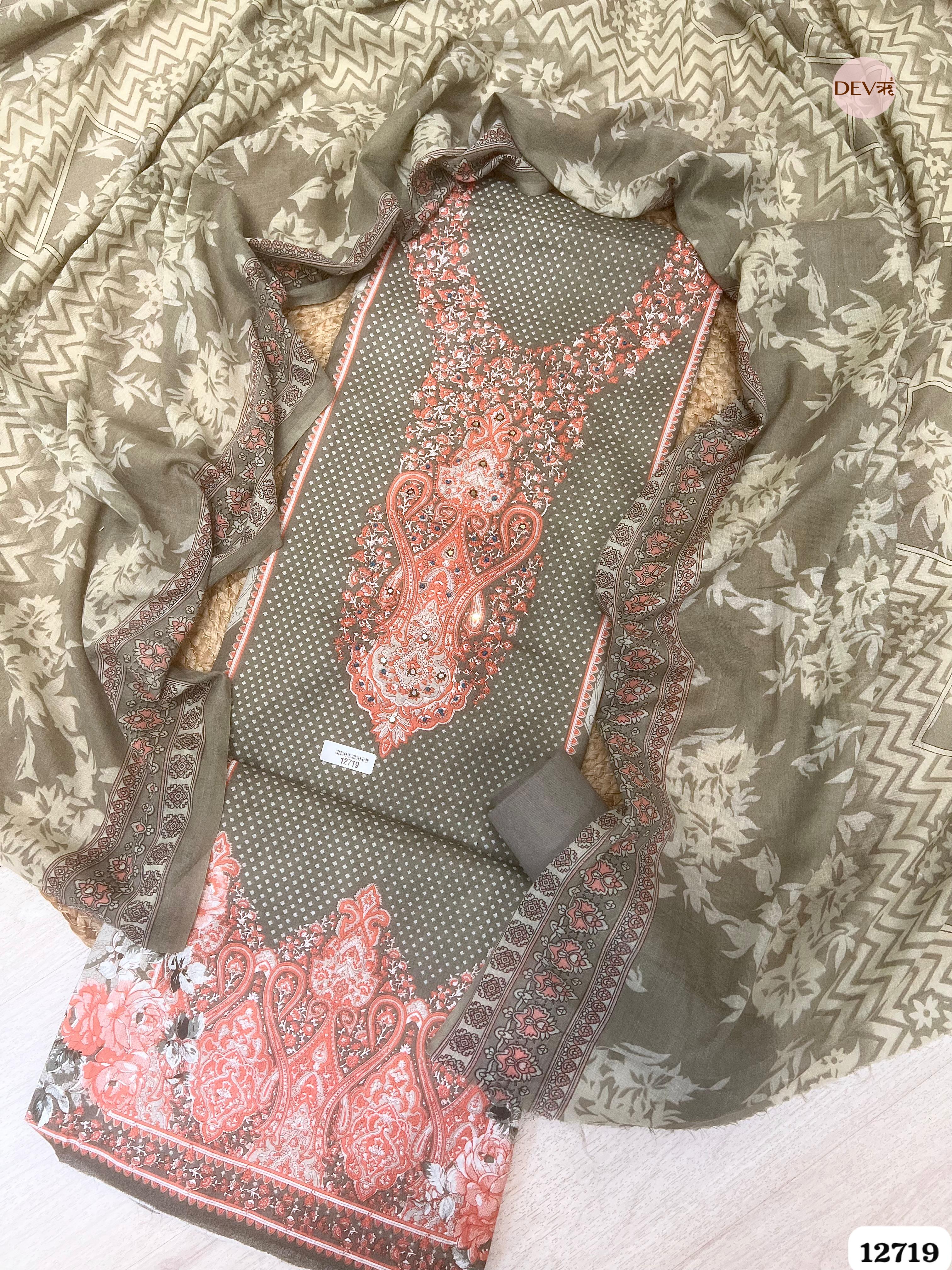 Grey Cotton Printed Unstitched 3-Piece Suit (Devri – D.No 12719)