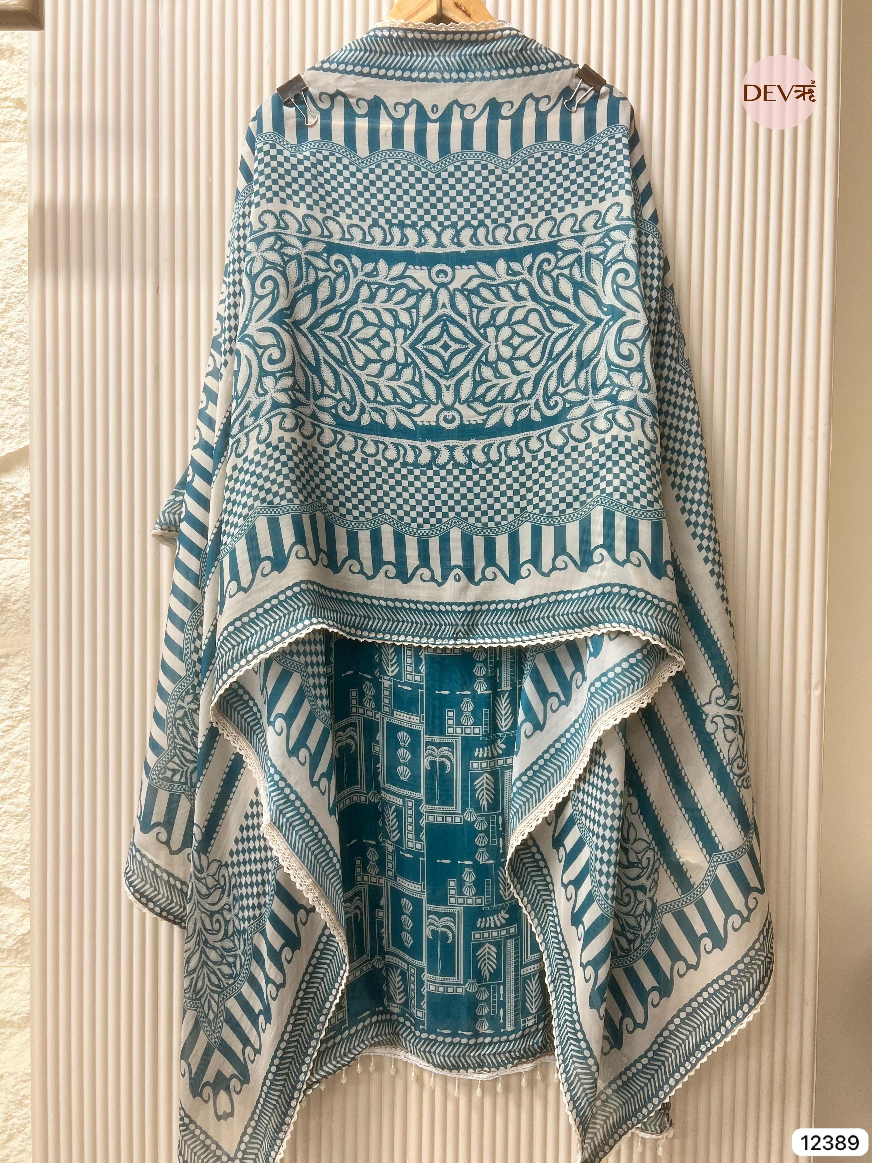 Teal and White Organza Printed Unstitched 3-Piece Suit (Devri – D.No 12389)