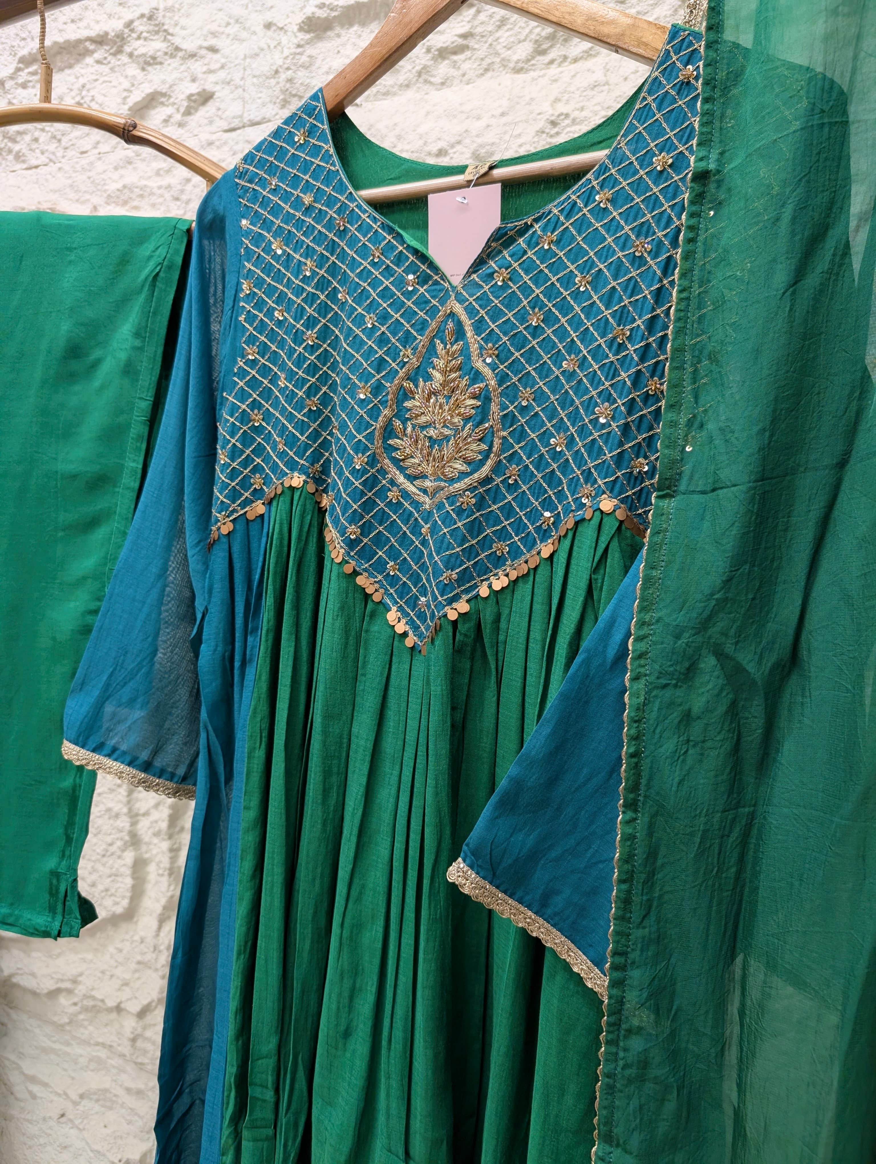 Zarmina Mul Chanderi Embroidered Teal Green 3-Piece Set (Devri – D.No 13793)