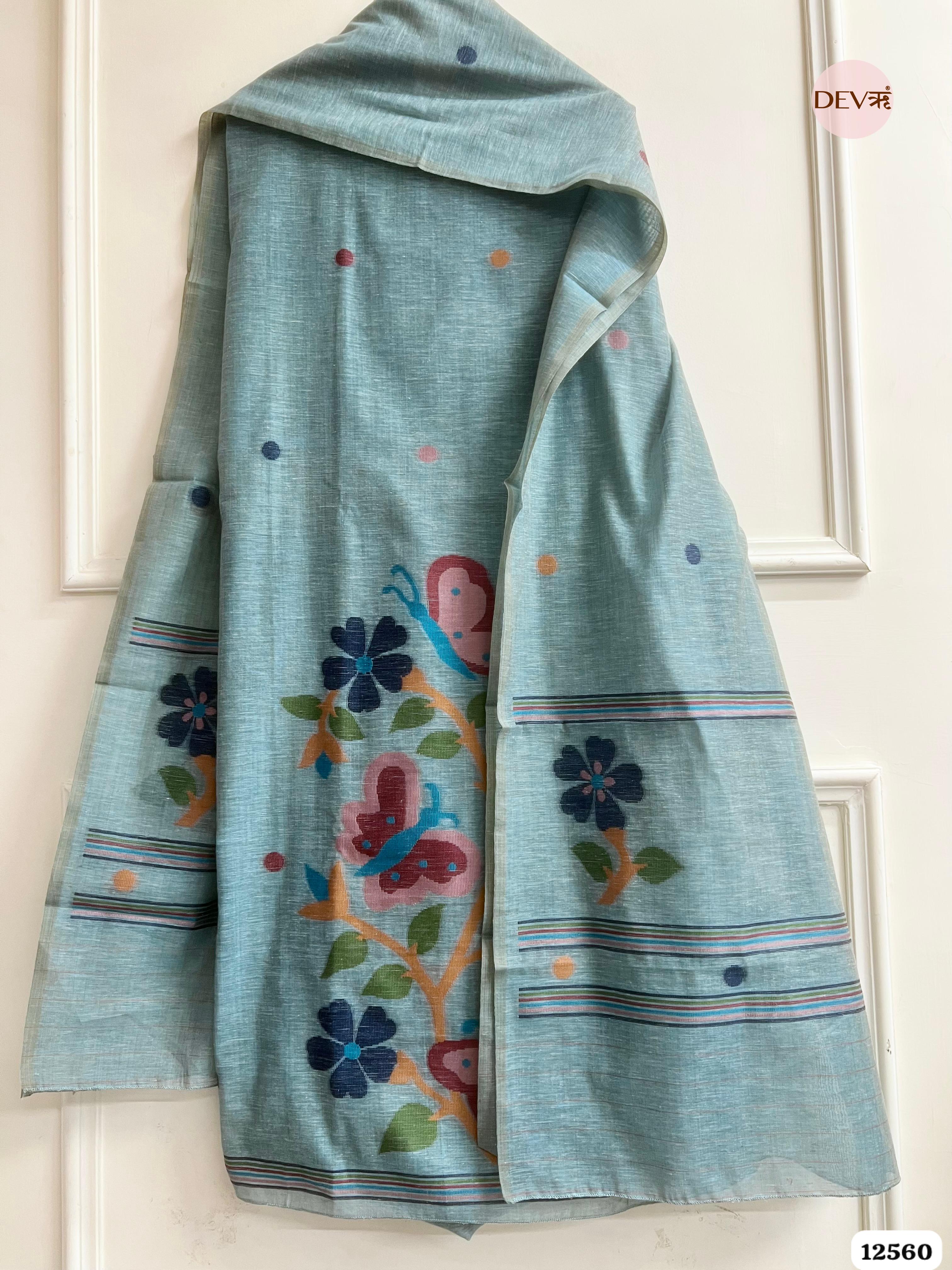 teal Linen Printed Unstitched 3-Piece Suit (Devri – D.No 12560)