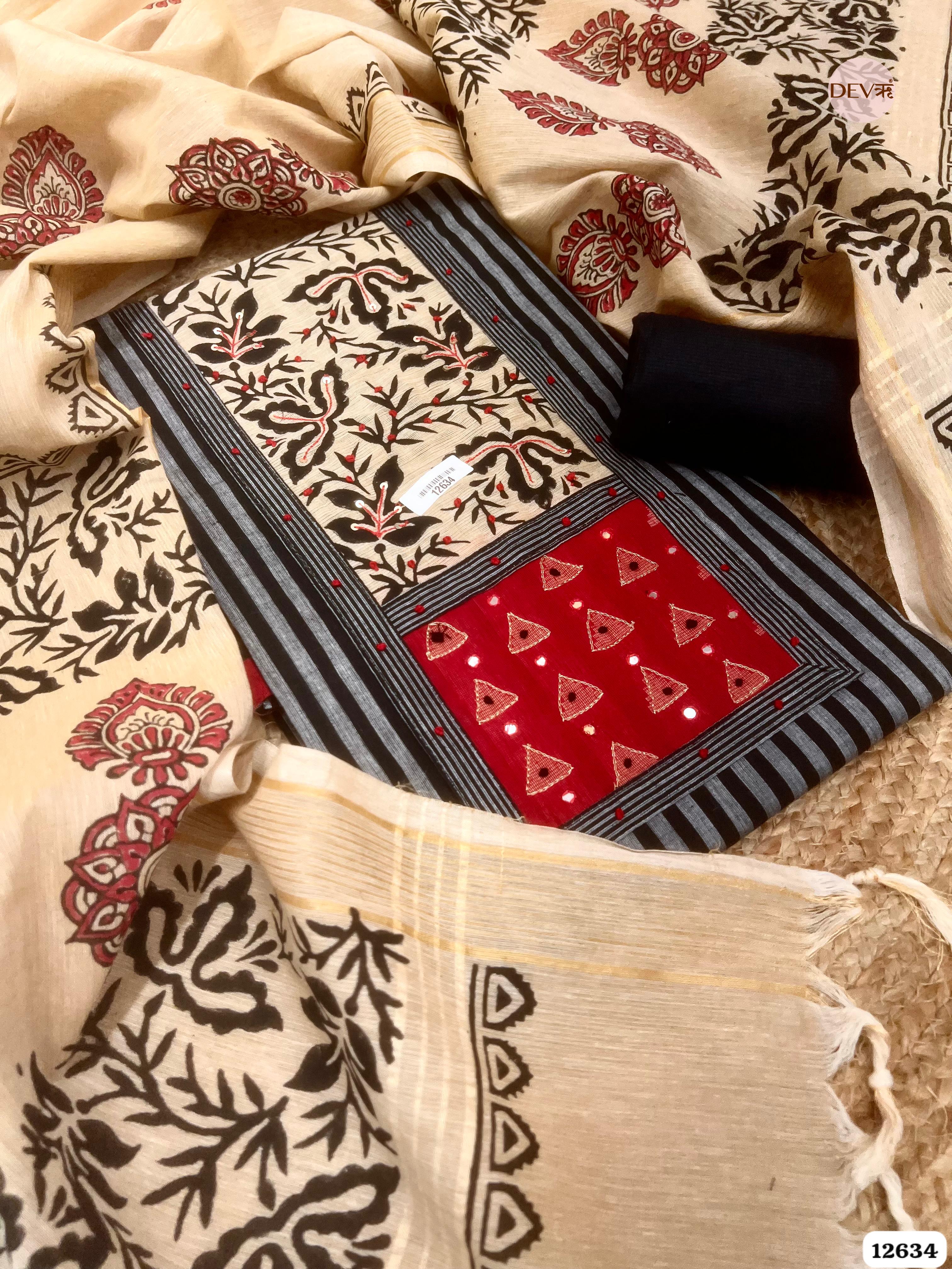 Black Cotton Printed Unstitched 3-Piece Suit (Devri – D.No 12634)