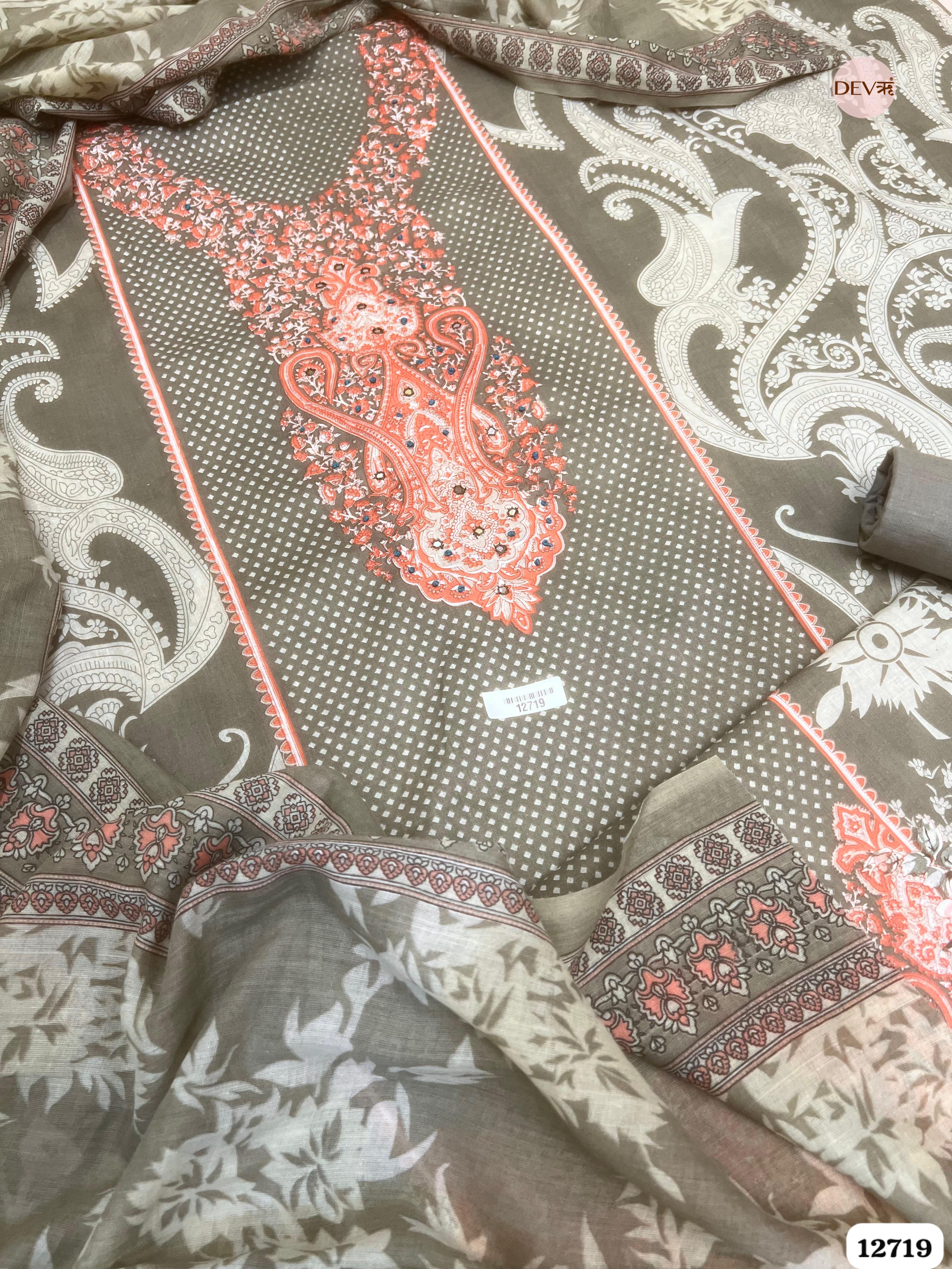 Grey Cotton Printed Unstitched 3-Piece Suit (Devri – D.No 12719)