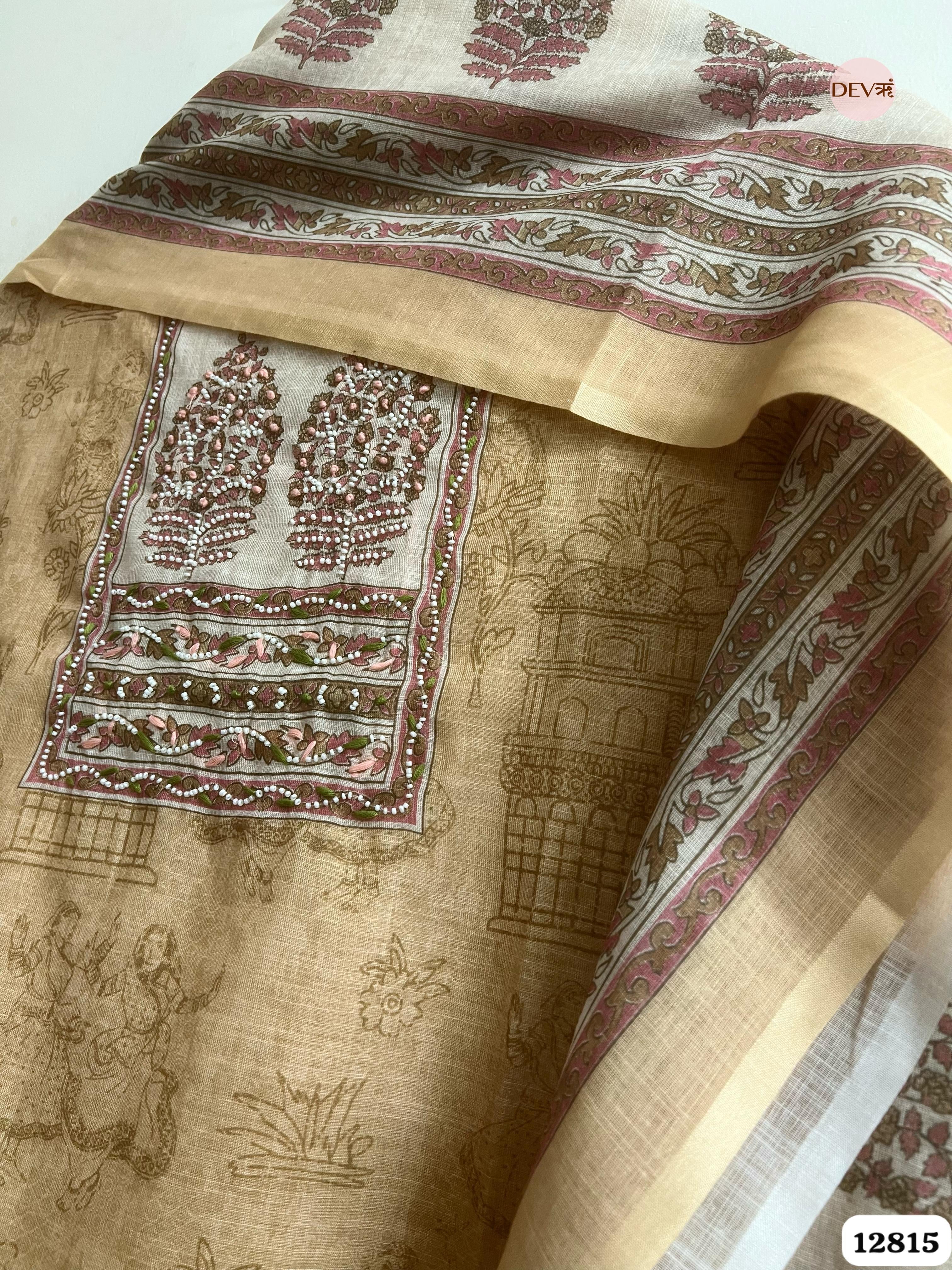 Beige Linen Cotton Printed Unstitched 3-Piece Suit (Devri – D.No 12815)