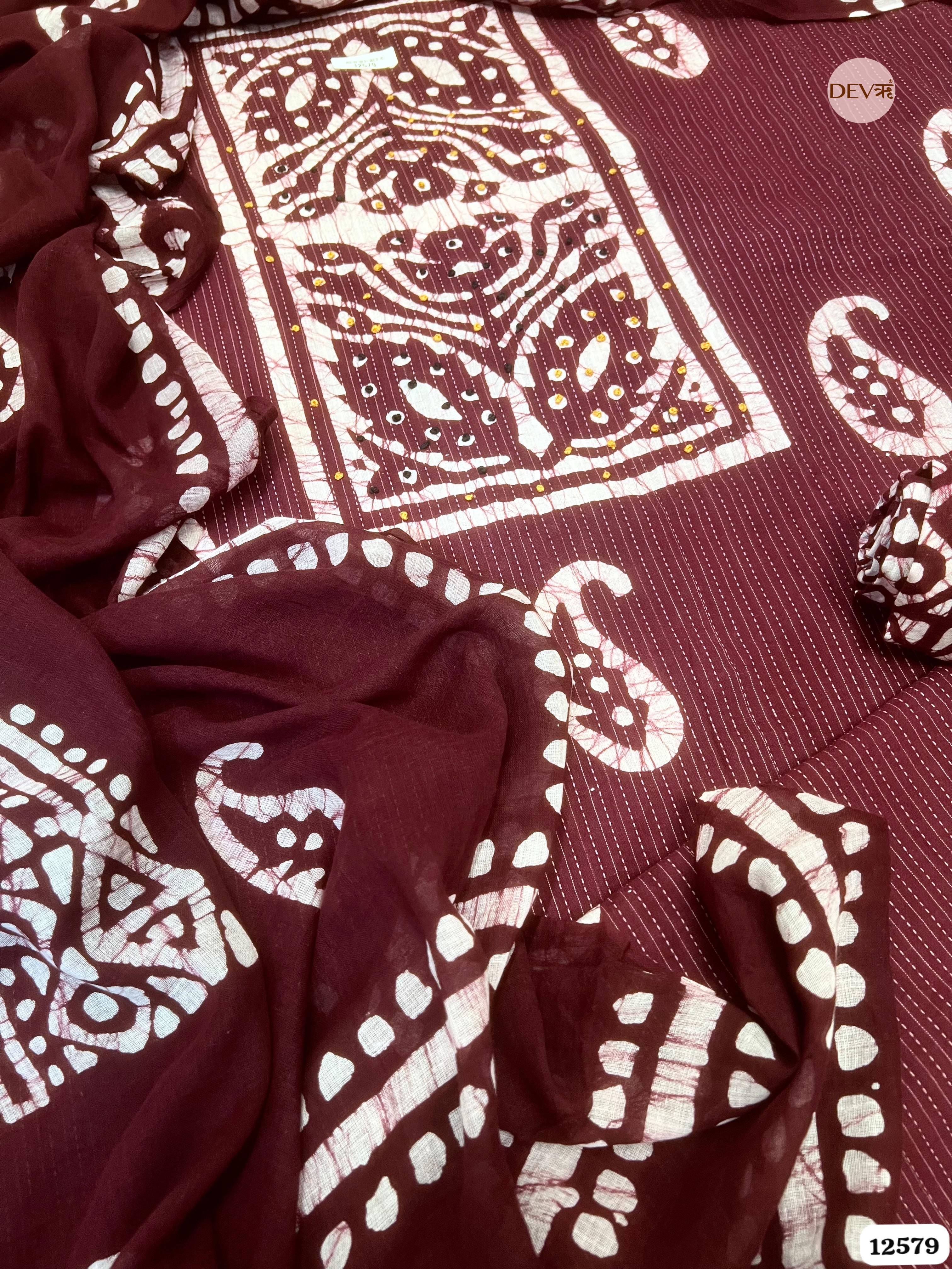 Wine Cotton Batik Printed Unstitched 3-Piece Suit (Devri – D.No 12579)