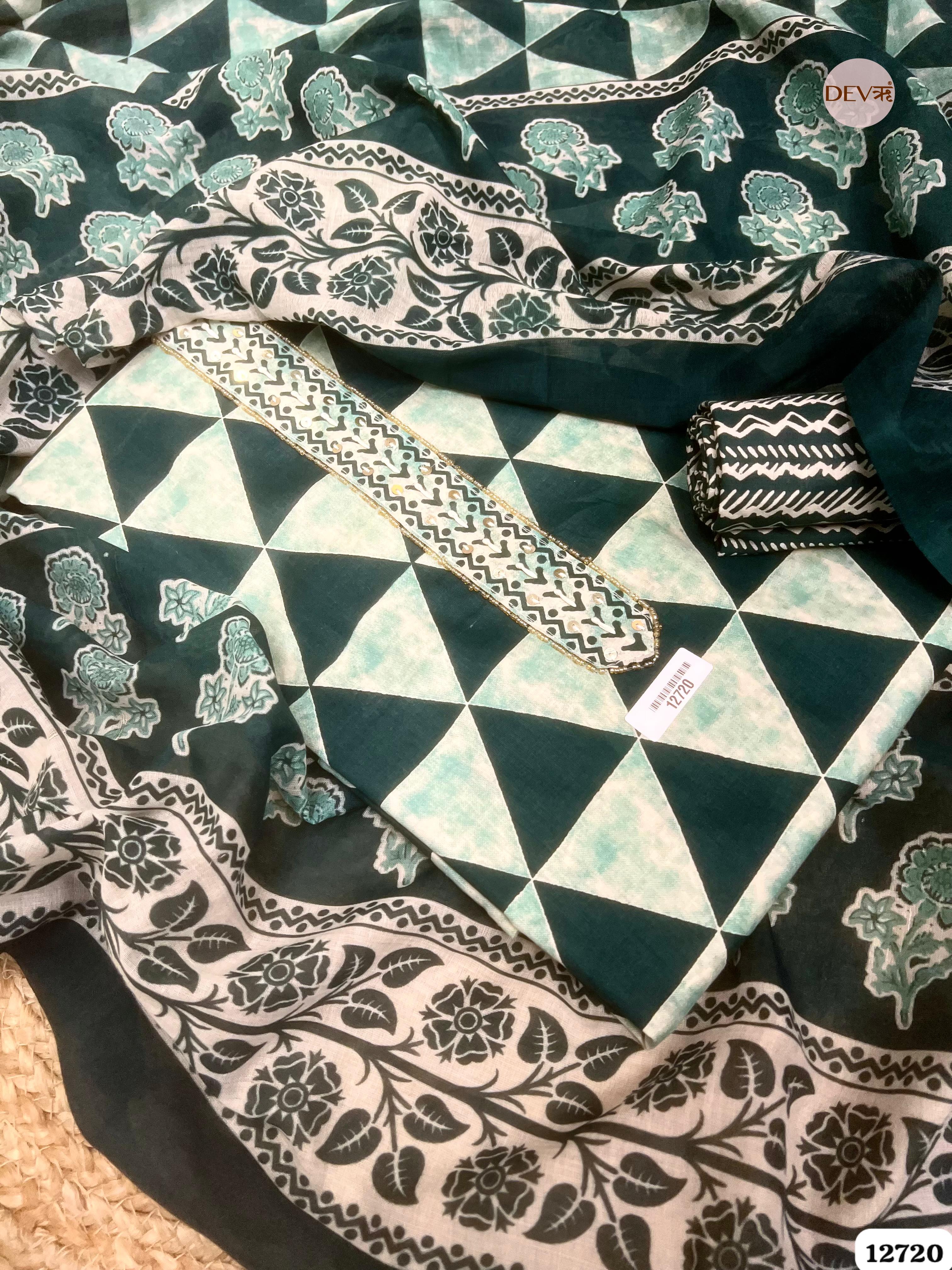 Bottle Green Cotton Printed Unstitched 3-Piece Suit (Devri – D.No 12720)