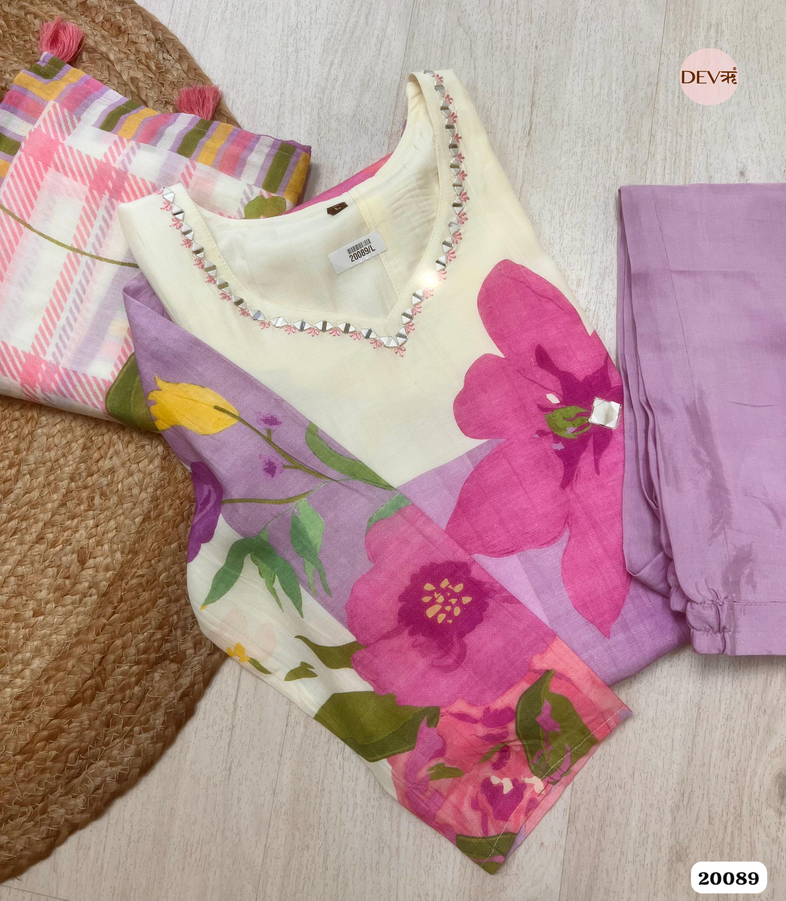 Sia Pure Cotton Printed Lavender & Ivory 3-Piece Set (Devri – D.No 20089)