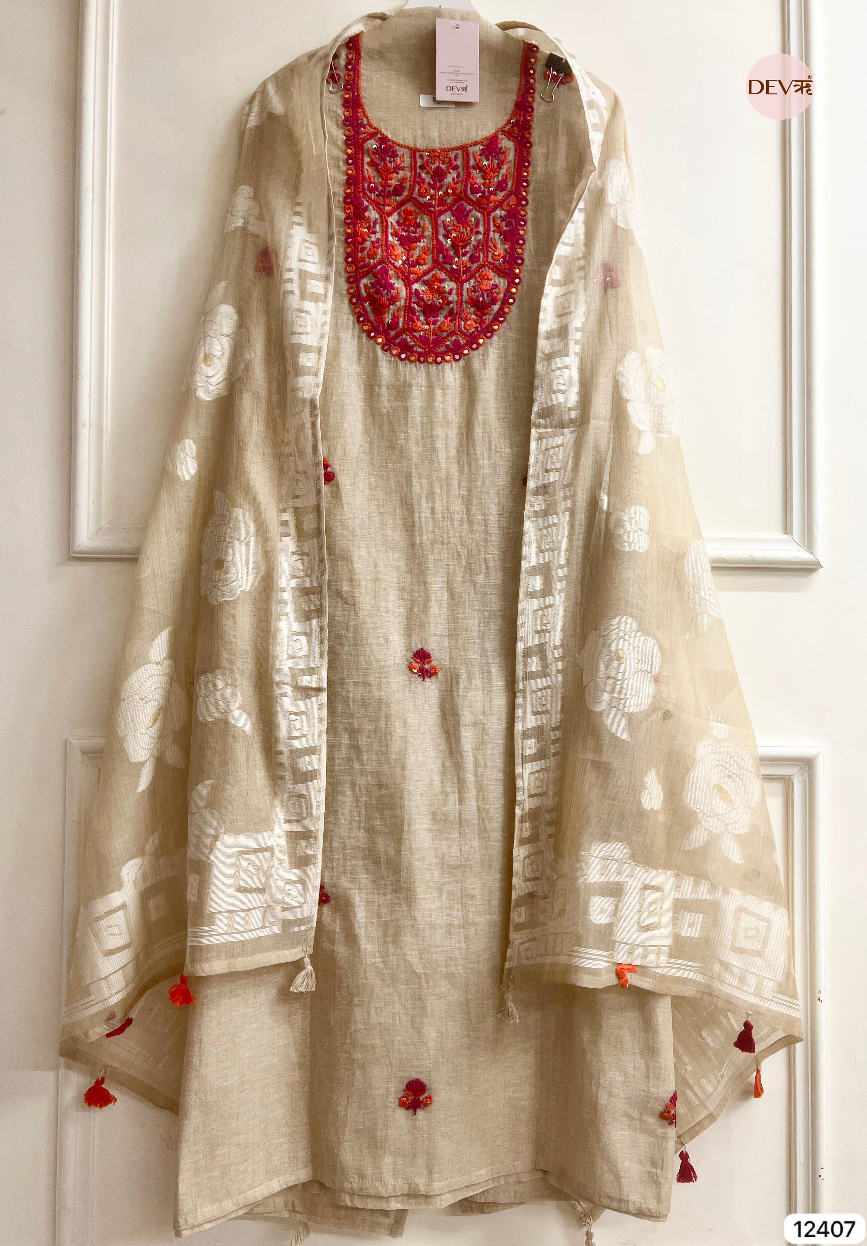 Beige Mul Chanderi Embroidered Unstitched 3-Piece Suit (Devri – D.No 12407)