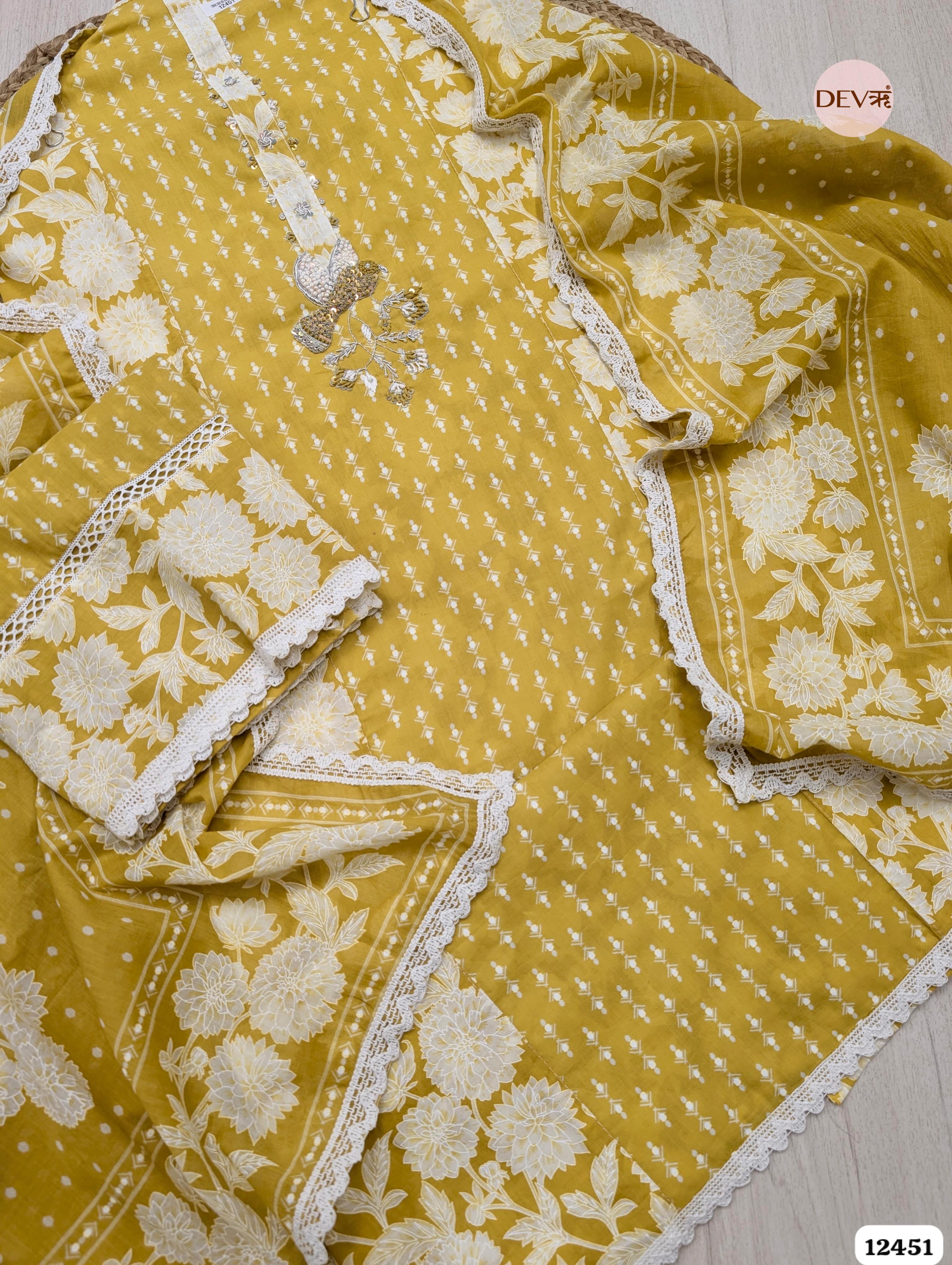 Mustard Yellow Pure Cotton Printed & Embroidered Unstitched 3-Piece Suit (Devri – D.No 12451)