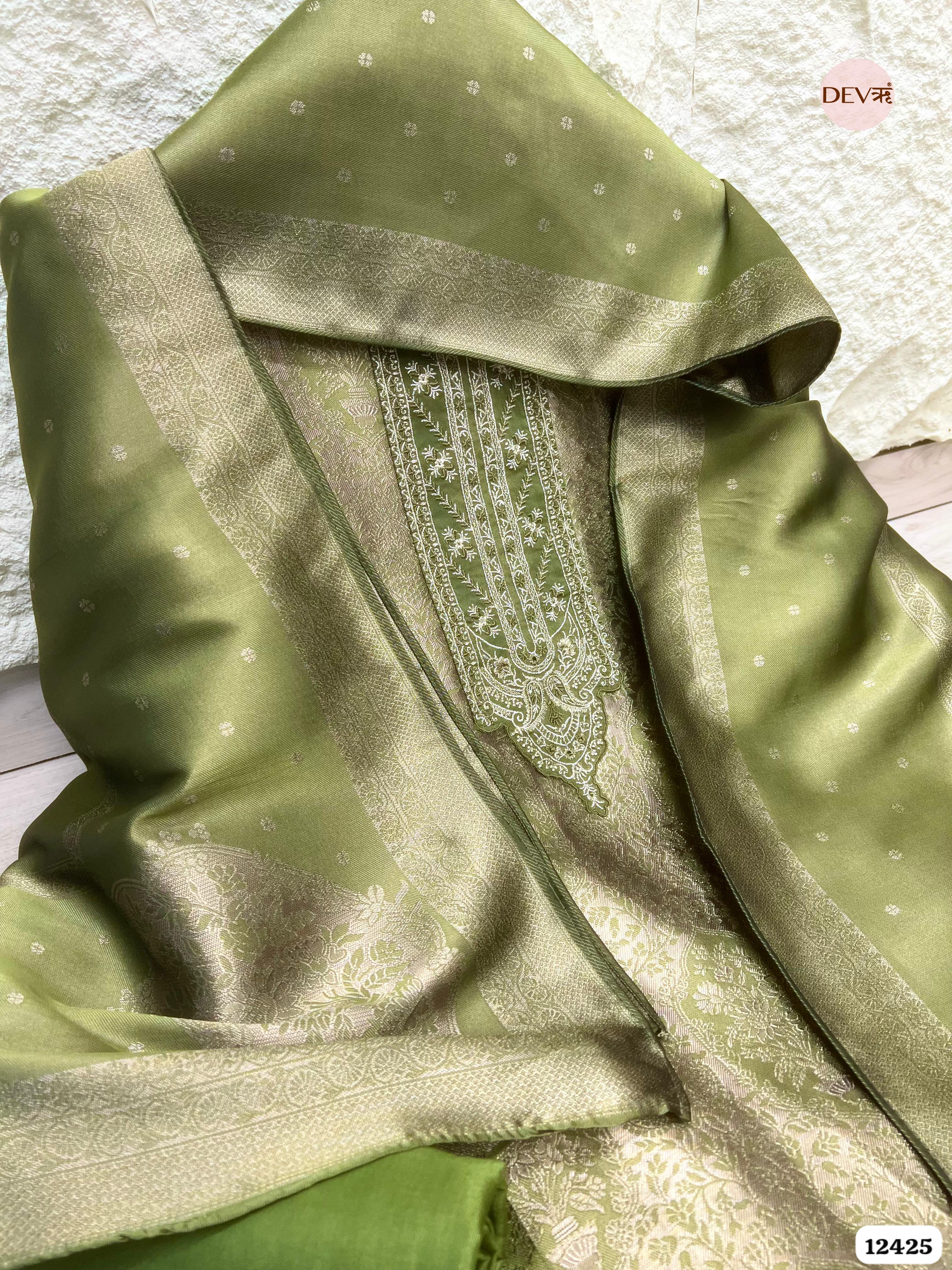 Soft Olive Banarasi Silk Printed Unstitched 3-Piece Suit (Devri – D.No. 12425)