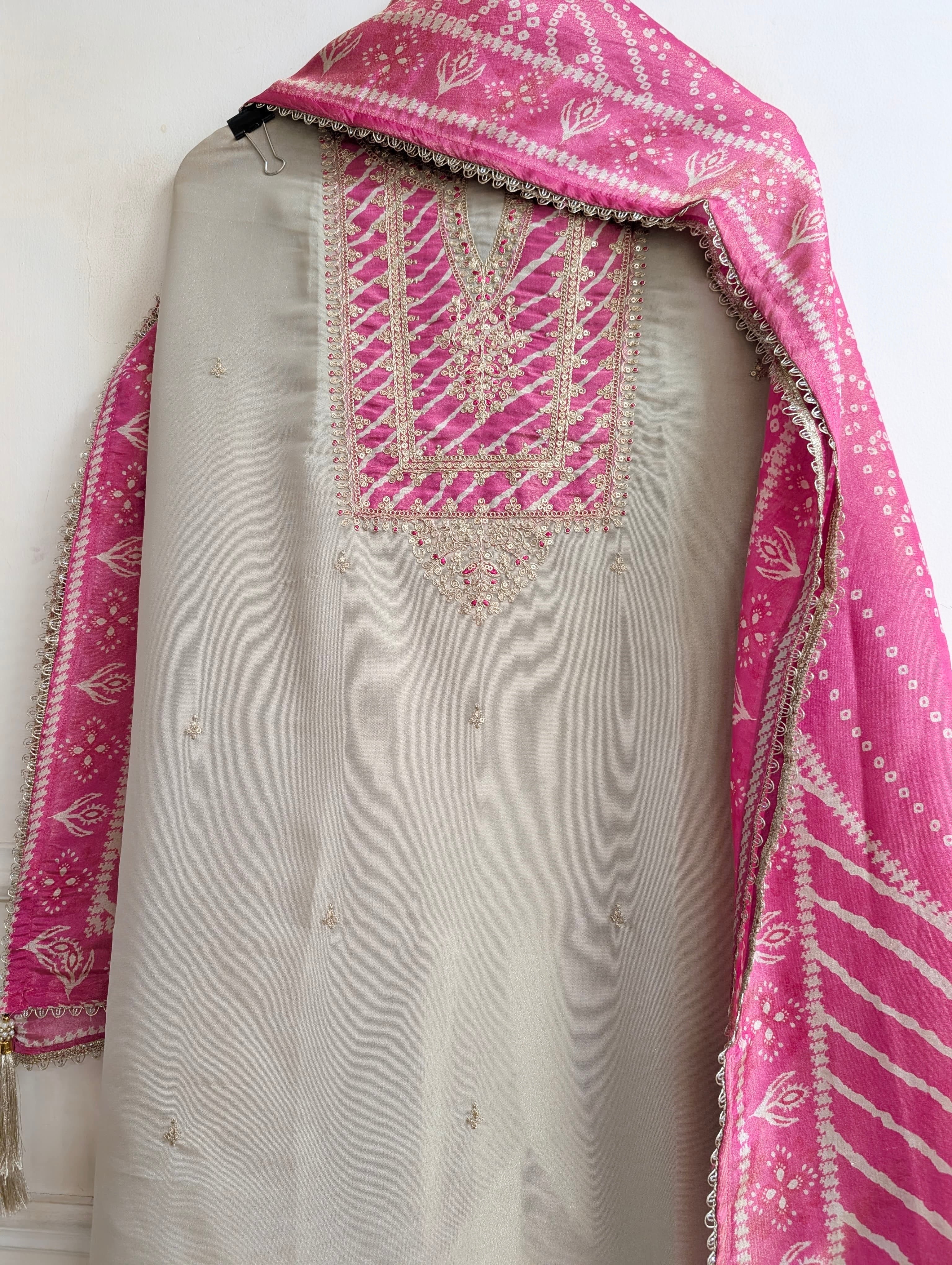 Beige Tissue Silk Embroidered Unstitched 3-Piece Suit (Devri – D.No 13719)