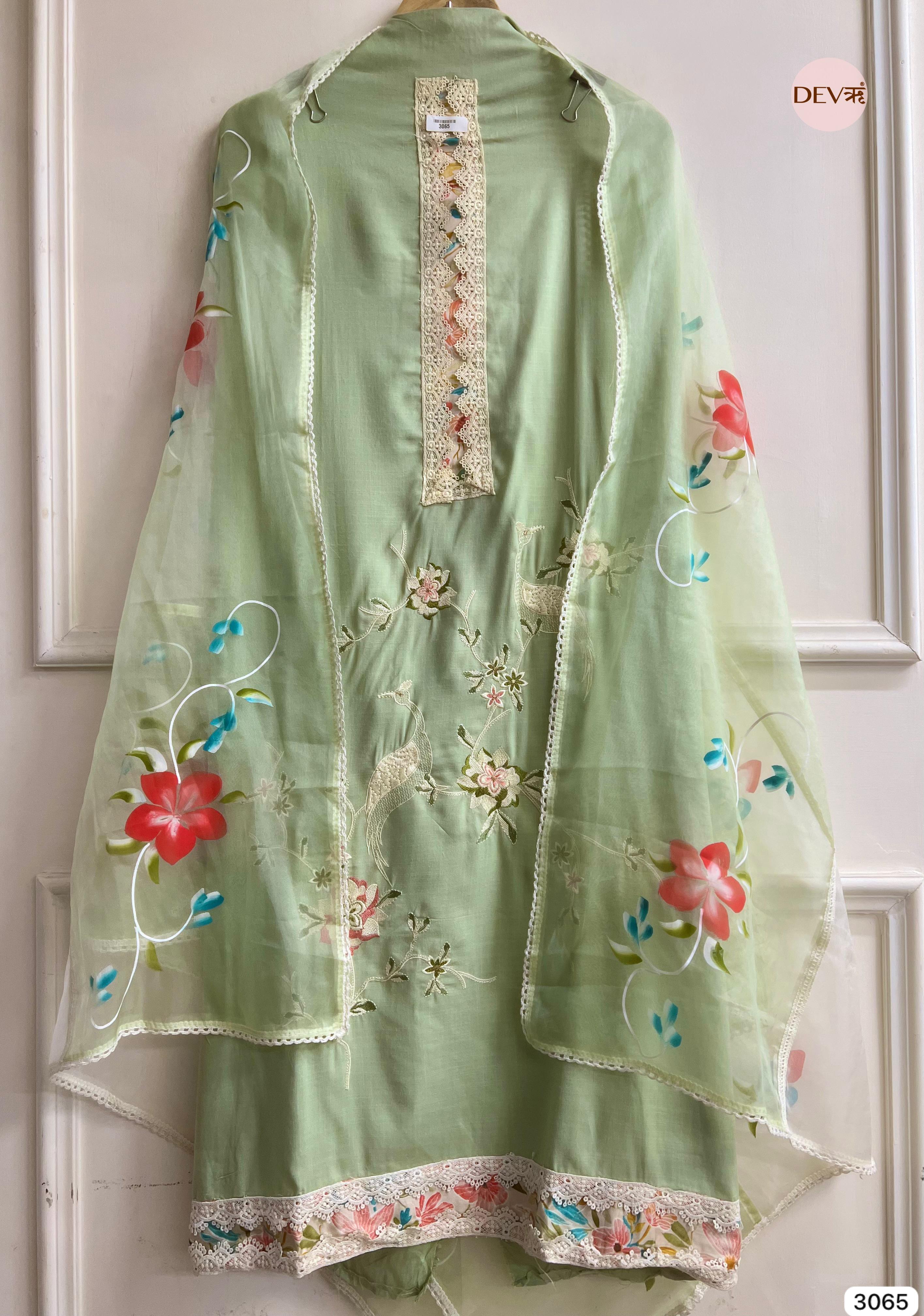Mint Green Muslin Embroidered Unstitched 3-Piece Suit (Devri – D.No 3065)