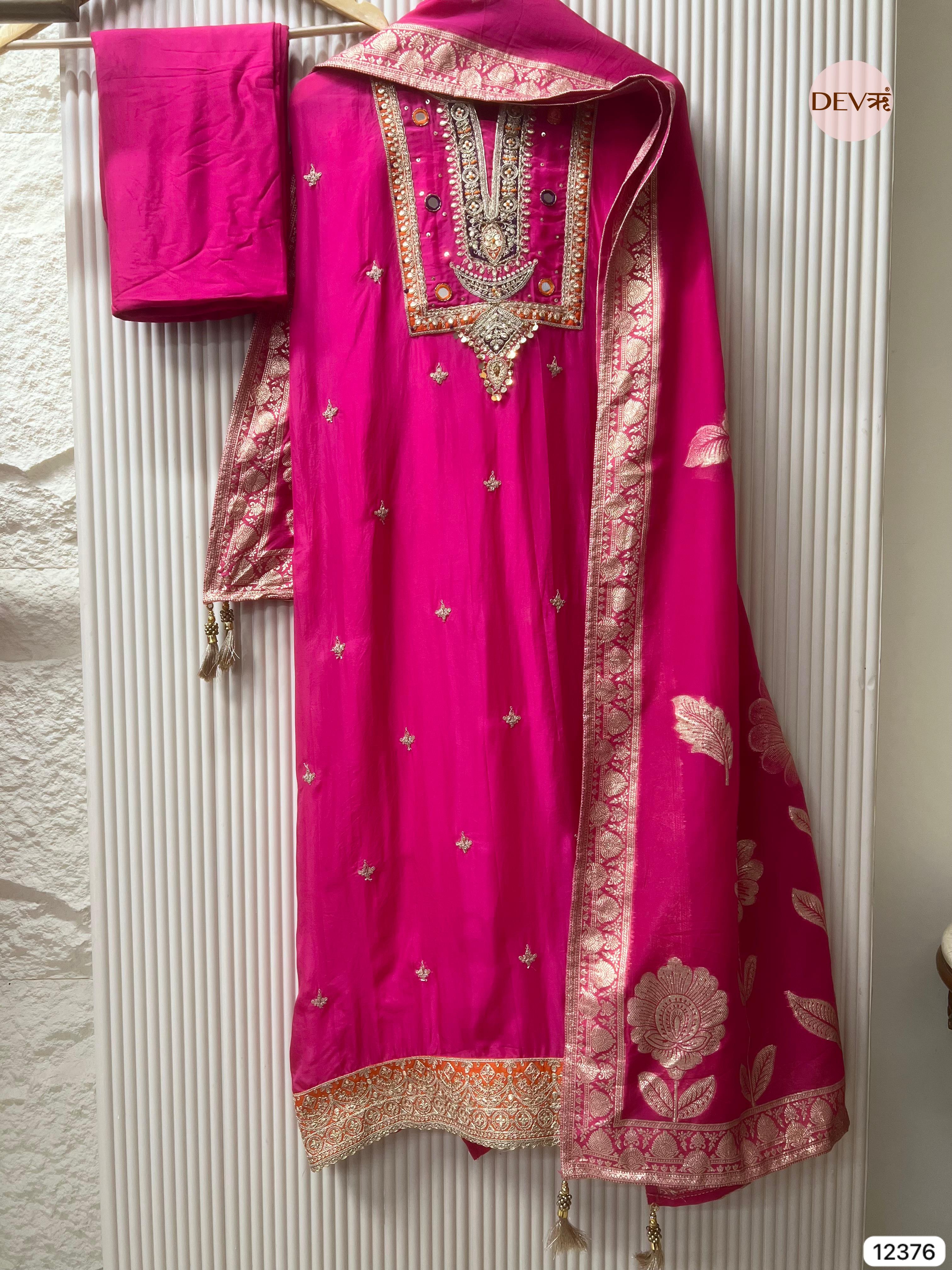Rani Pink Organza Silk Embroidered Unstitched 3-Piece Suit (Devri – D.No 12376)