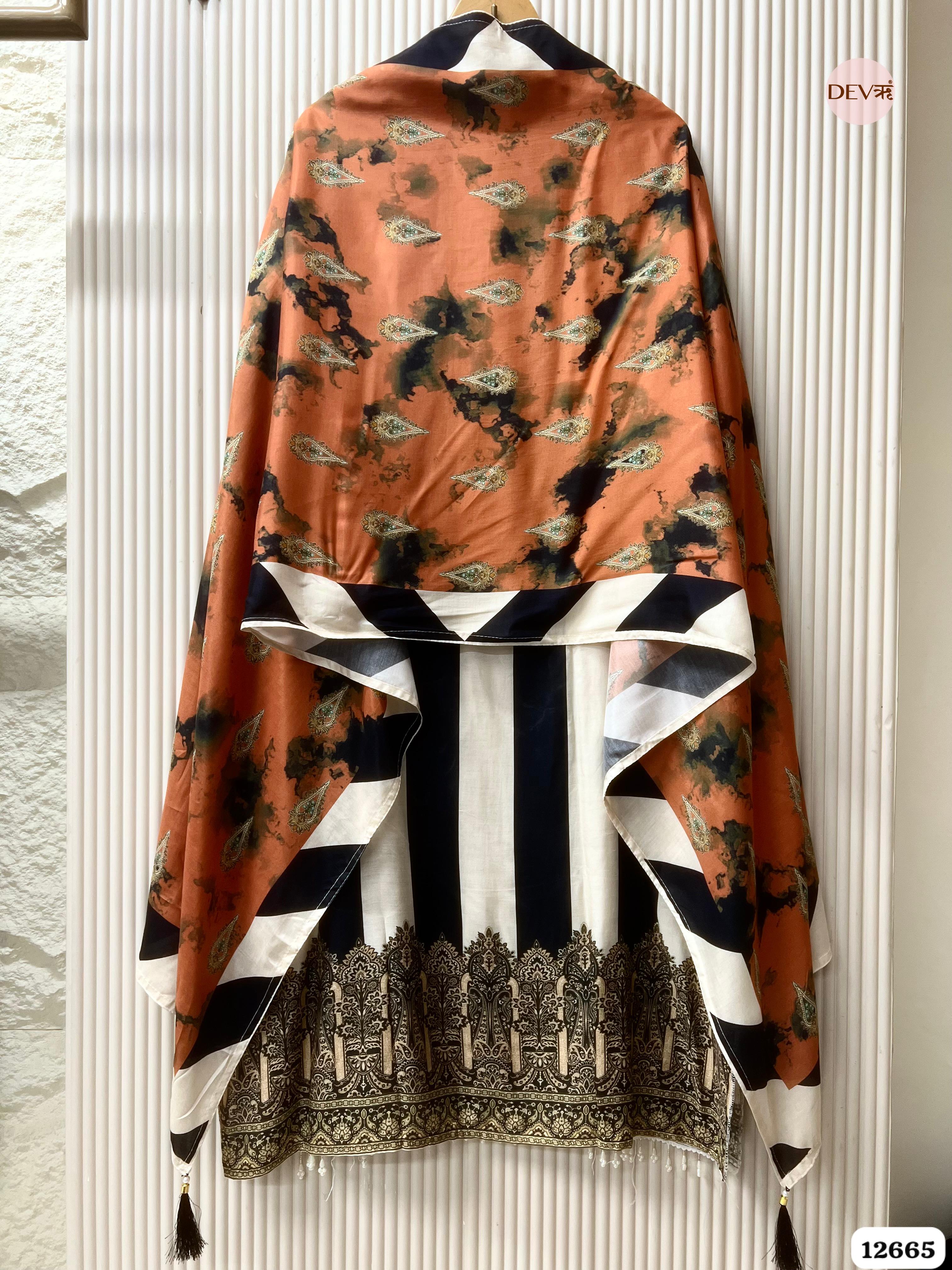 Ivory & Rust Muslin Printed Unstitched 3-Piece Suit (Devri – D.No 12665)