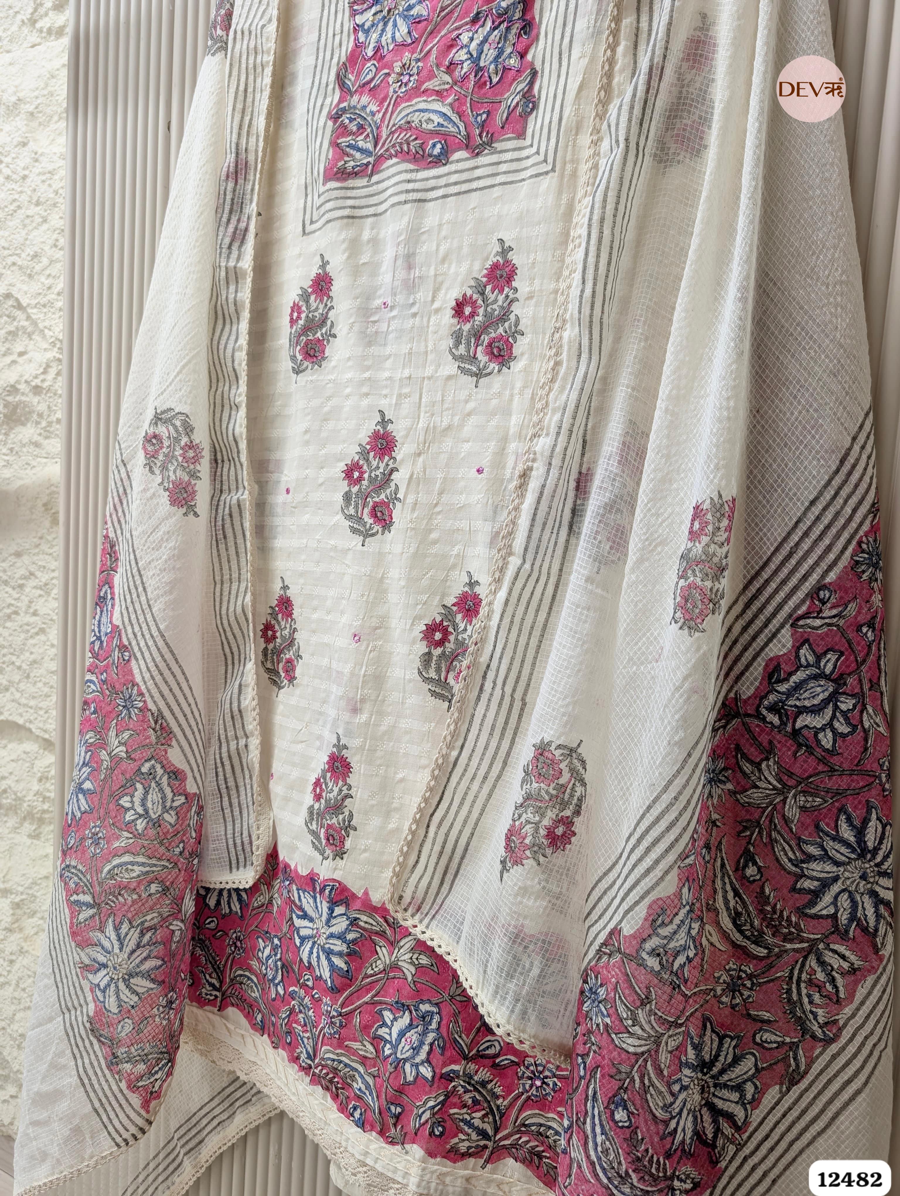 white & Pink Pure Cotton Printed Unstitched 3-Piece Suit (Devri – D.No 12482)