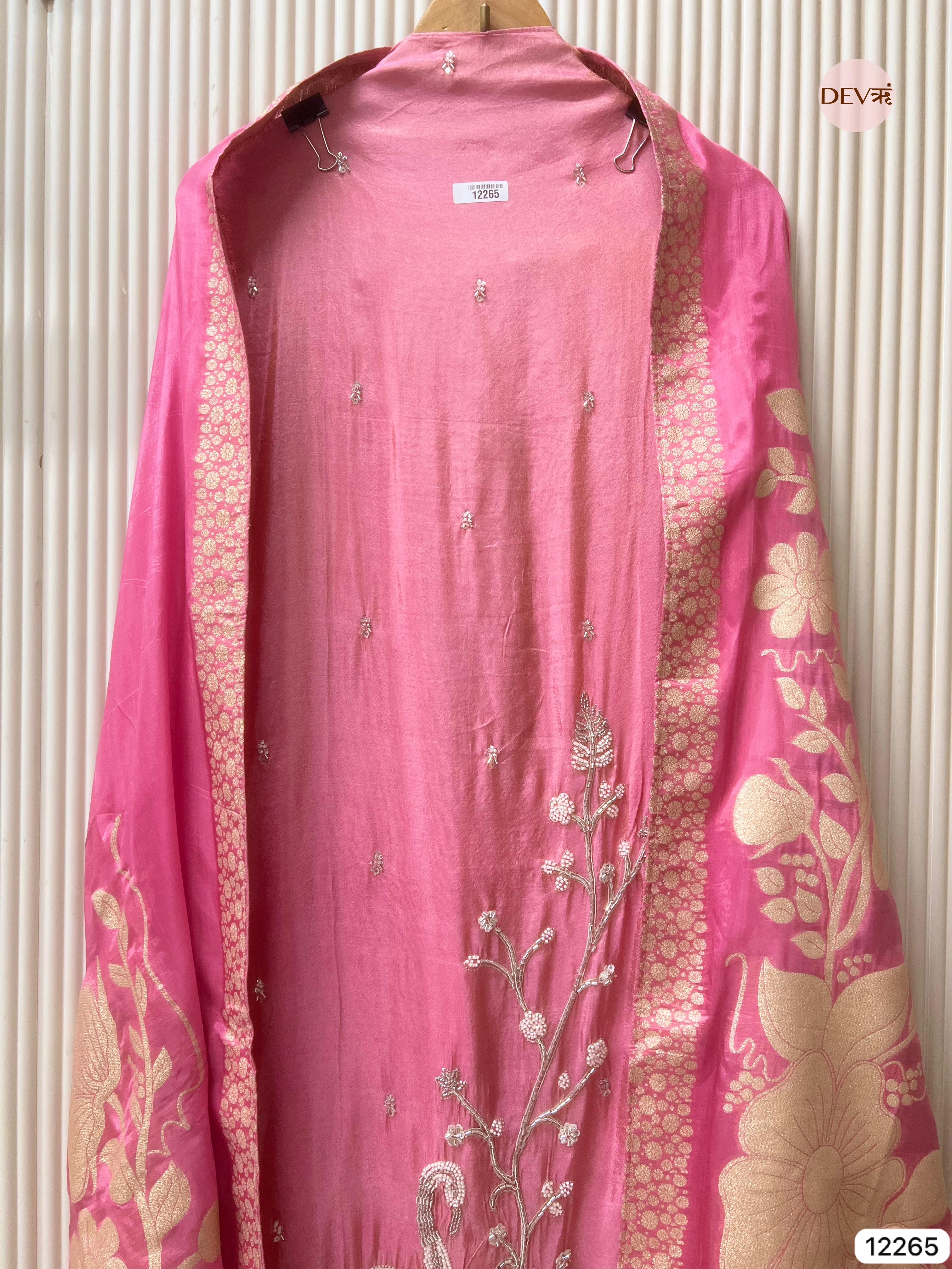 Pink Tissue Shimmer Silk Embroidered Unstitched 3-Piece Suit (Devri – D.No 12265)