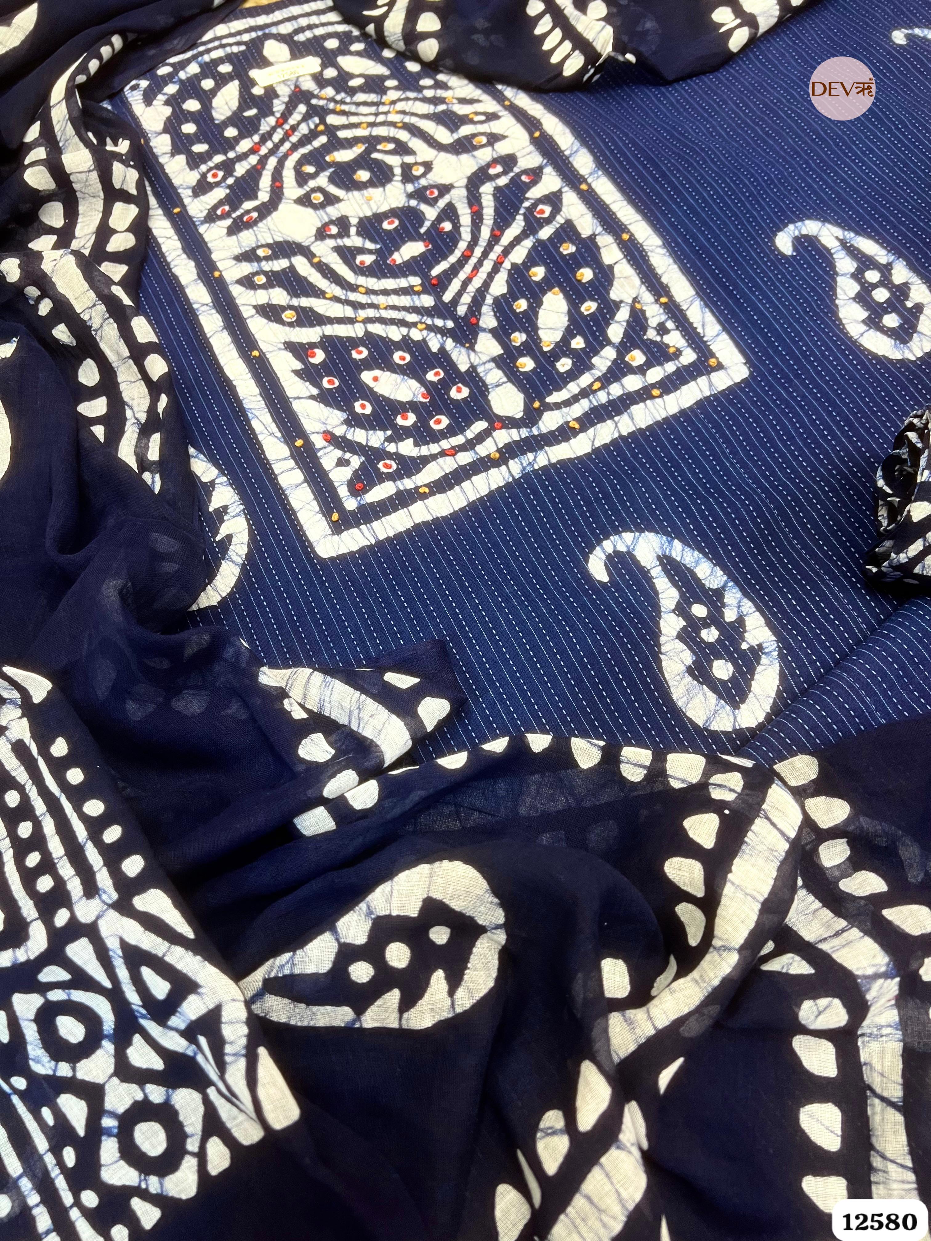 Navy Blue Cotton Batik Printed Unstitched 3-Piece Suit (Devri – D.No 12580)