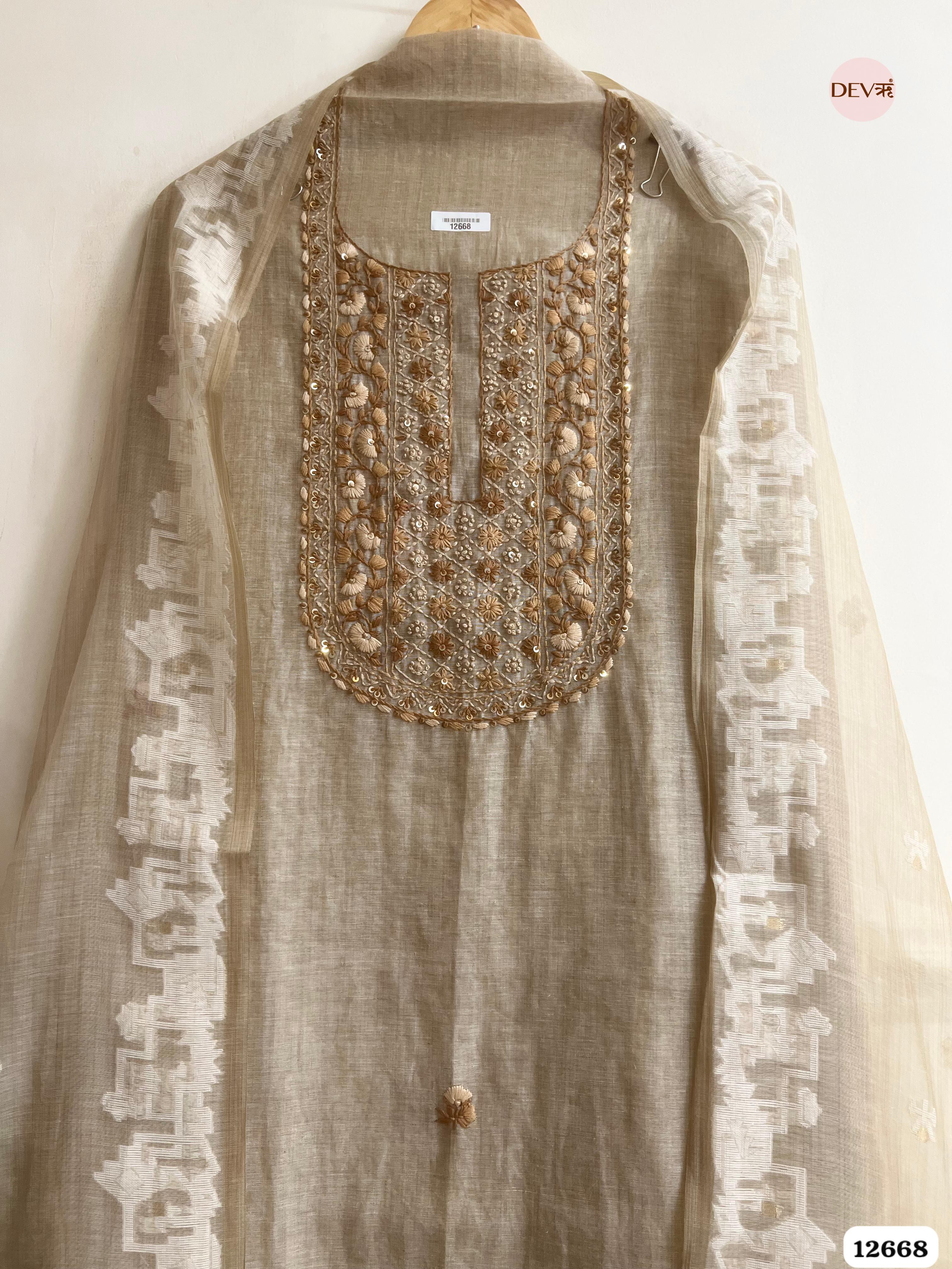 Beige Mul Chanderi Embroidered Unstitched 3-Piece Suit (Devri – D.No 12668)