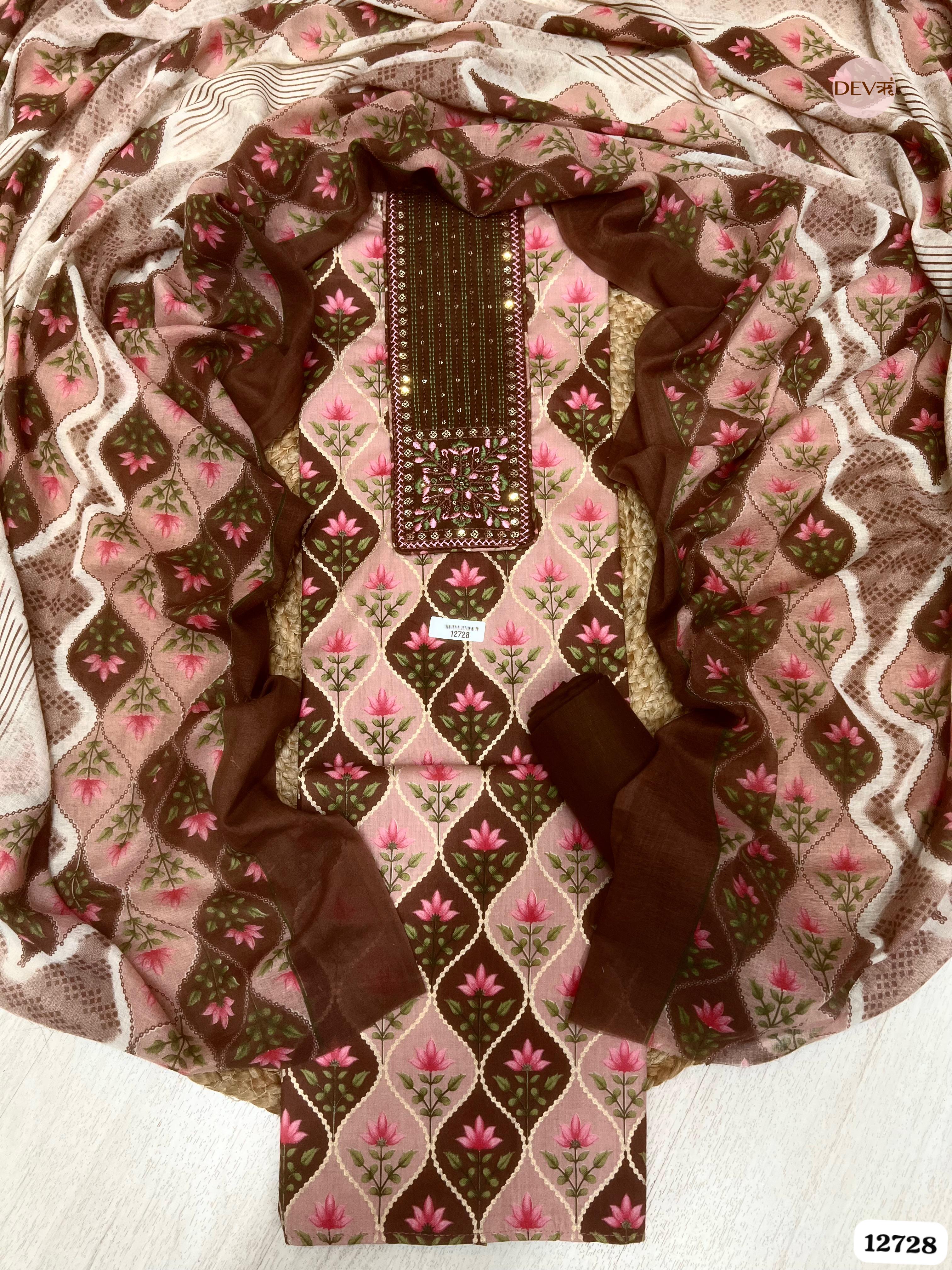 Brown Cotton Embroidered Unstitched 3-Piece Suit (Devri – D.No 12728)