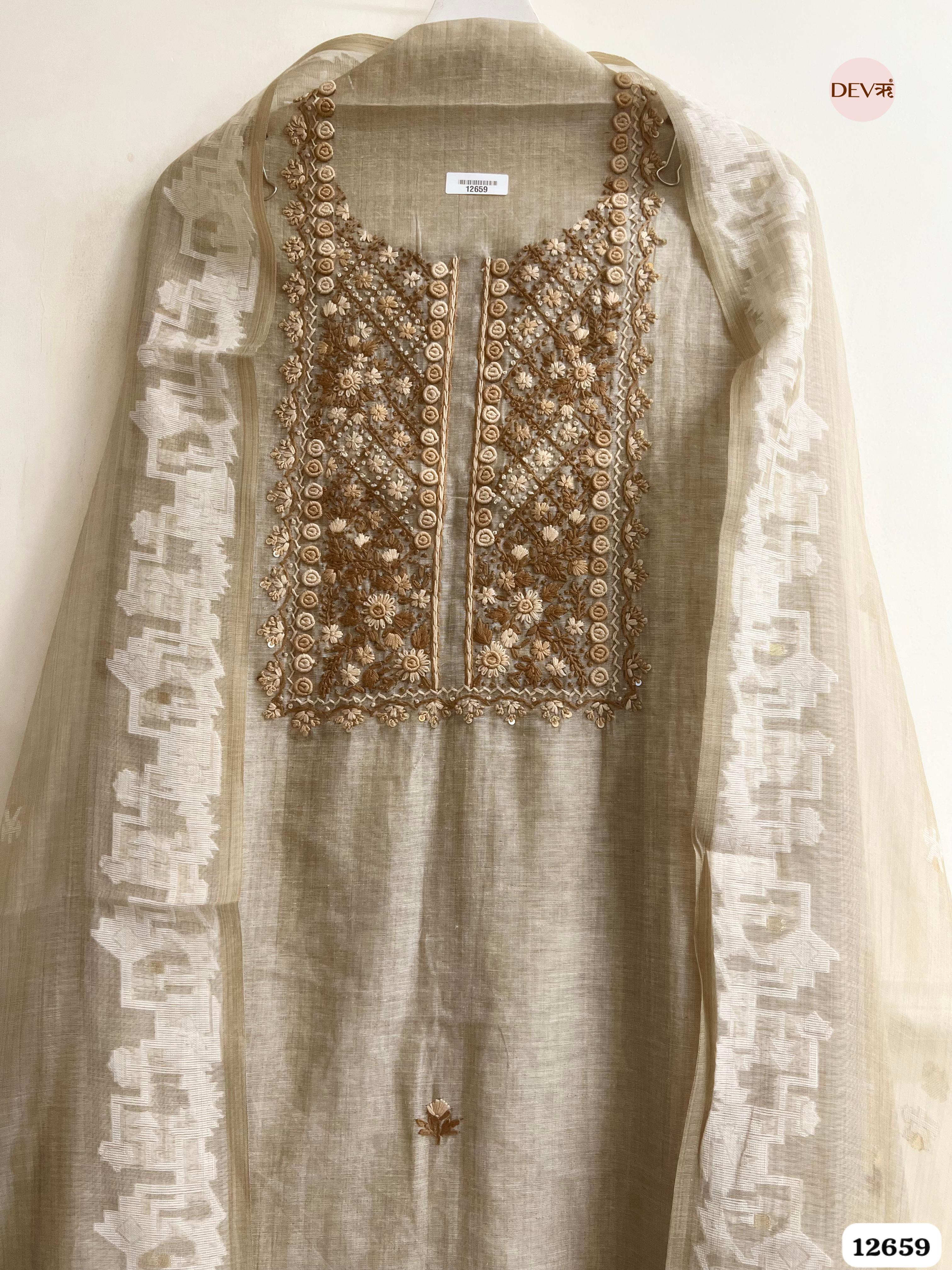 Beige Mul Chanderi Embroidered Unstitched 3-Piece Suit (Devri – D.No 12659)