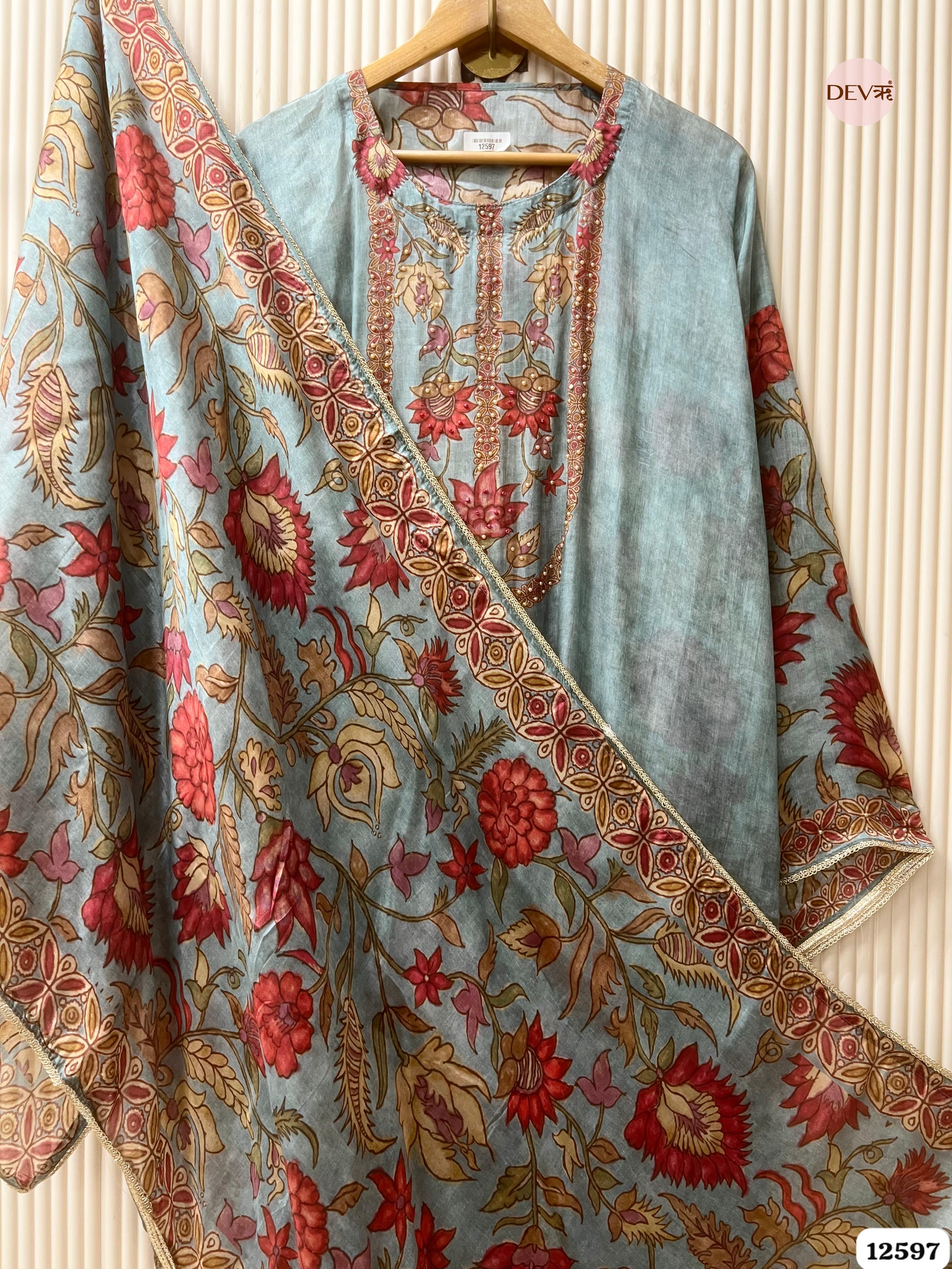 Teal Blue Muslin Floral Printed Unstitched 3-Piece Suit (Devri – D.No 12597)