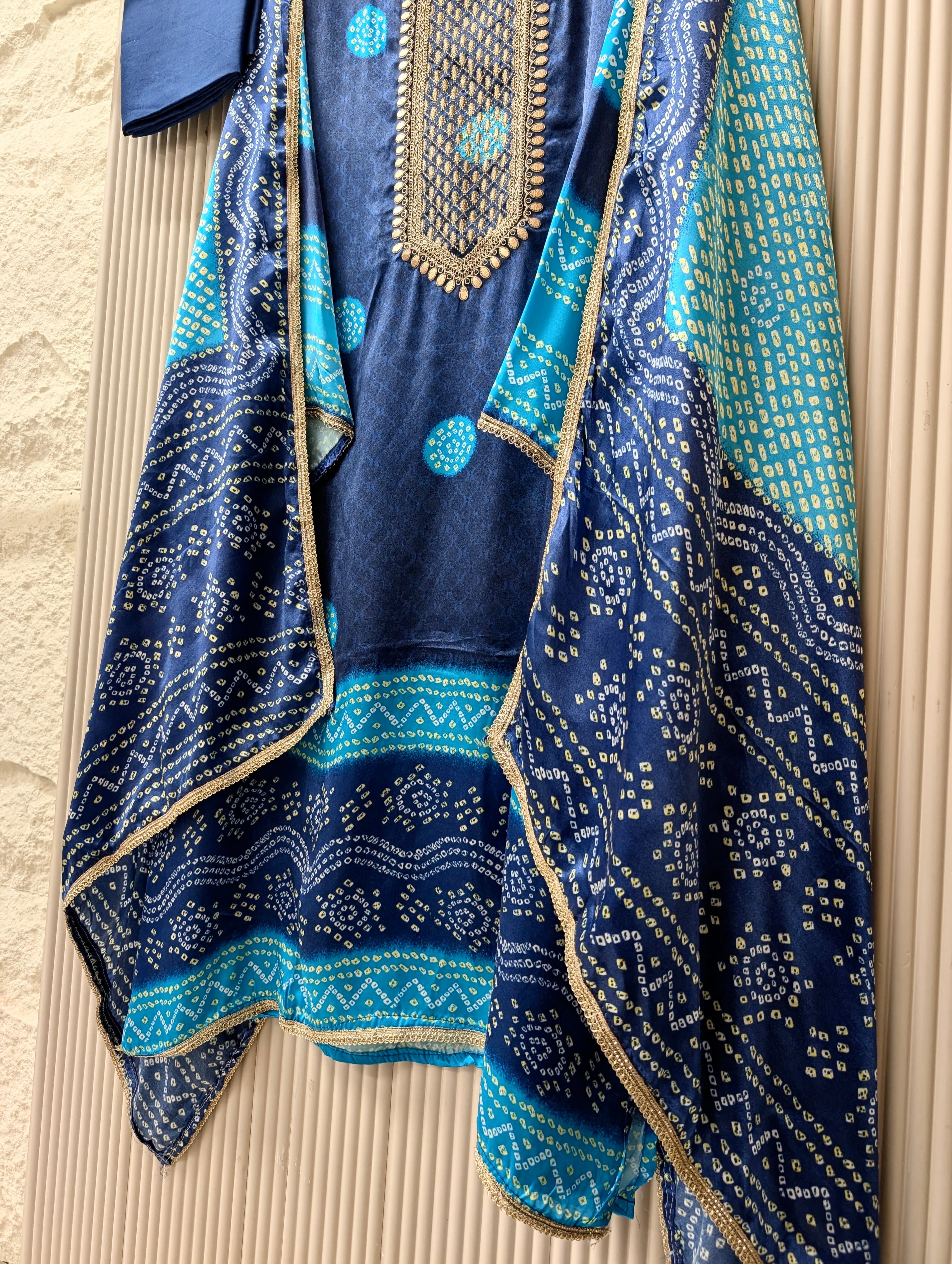 Blue Gajji Silk Printed Unstitched 3-Piece Suit (Devri – D.No 13726)