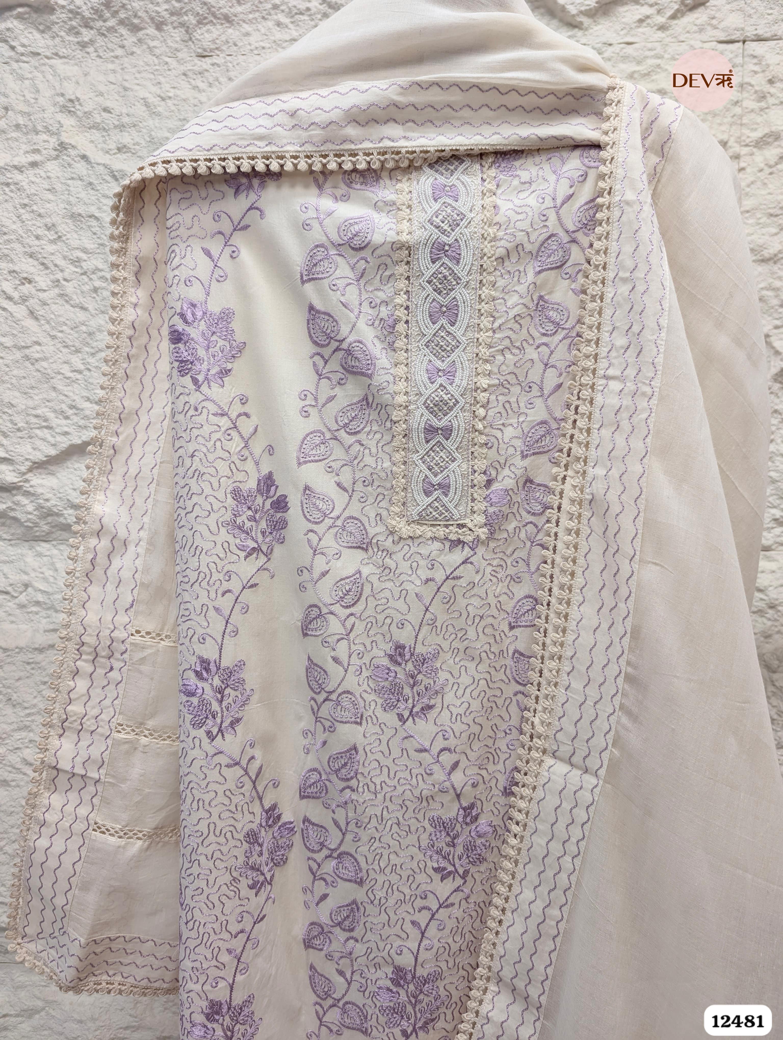 Lavender &; White Pure Cotton Embroidered Unstitched 3-Piece Suit (Devri – D.No 12481)
