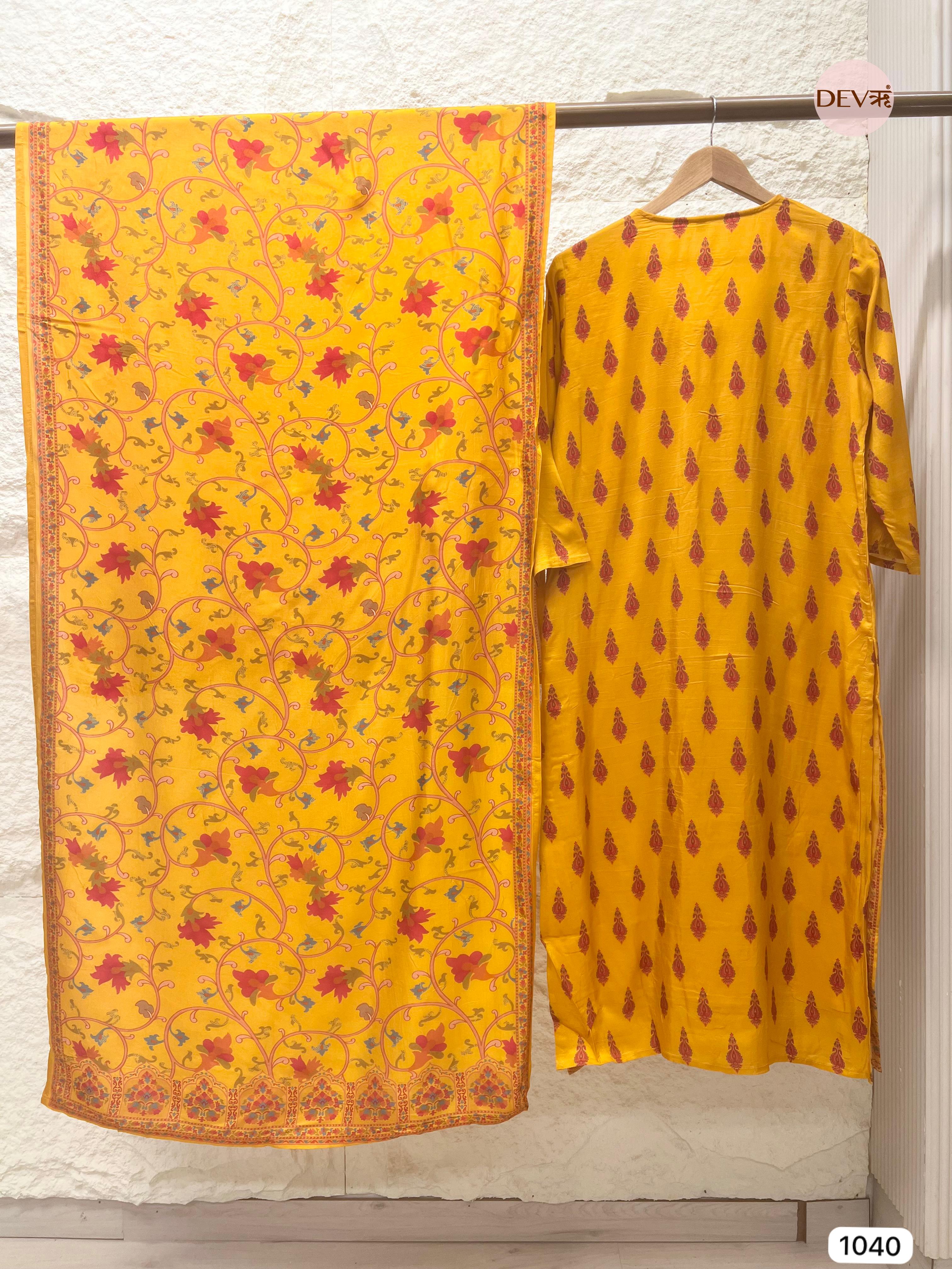 Suhani Pure Modal Silk Printed Yellow 3-Piece Set (Devri – D.No 1040)