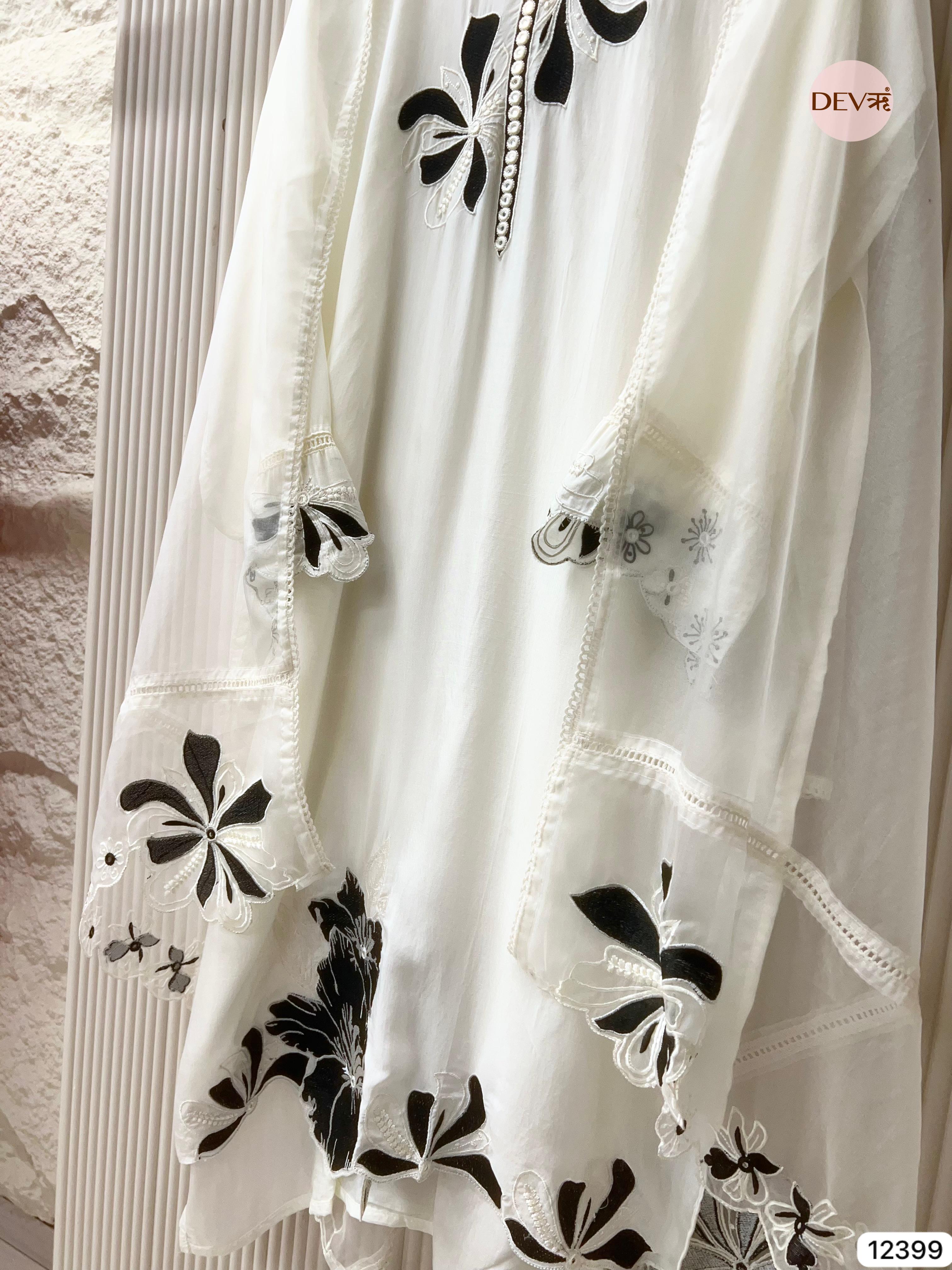 White Muslin Embroidered Unstitched 3-Piece Suit (Devri – D.No 12399)
