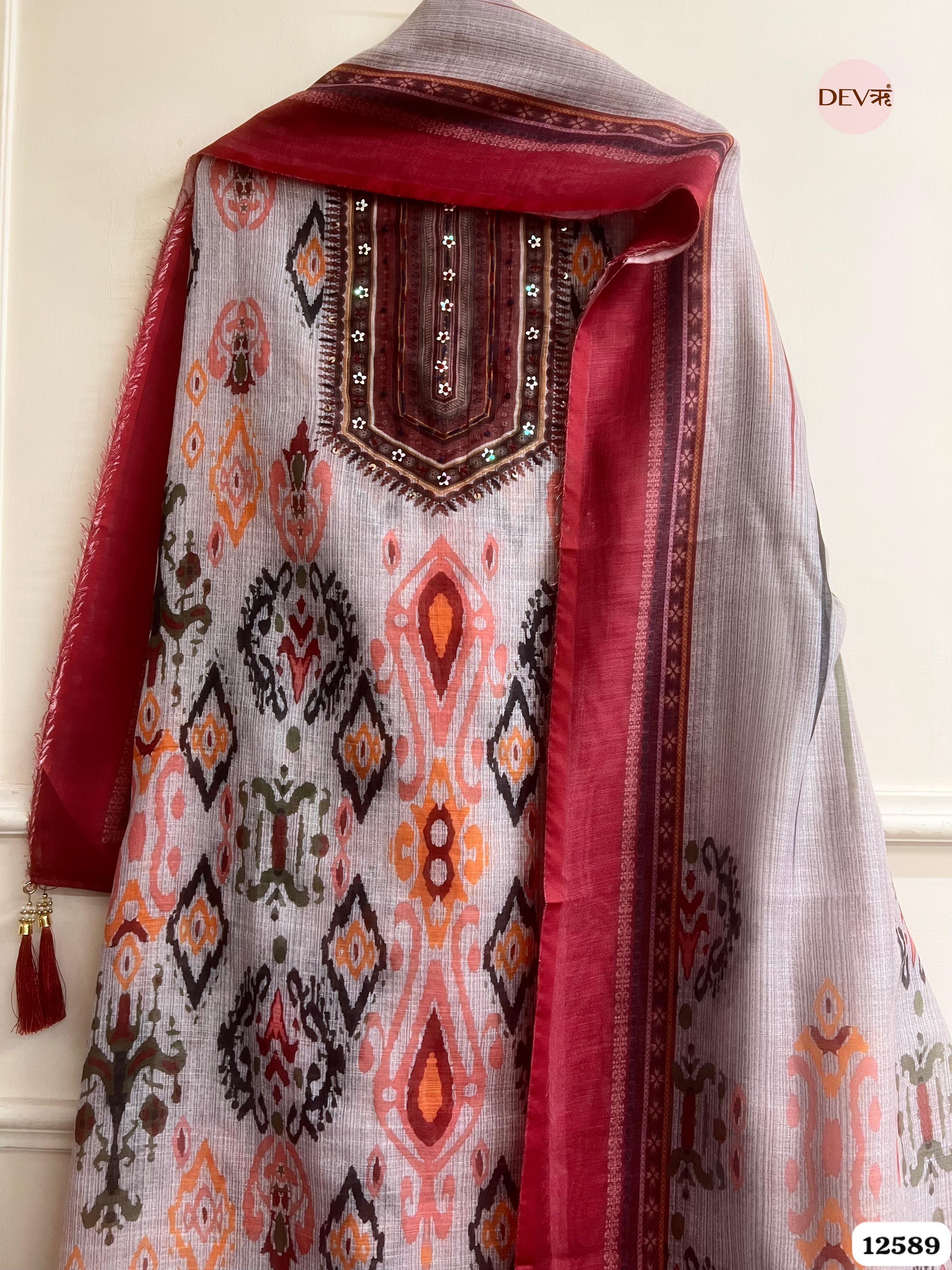 Maroon linen Printed Unstitched 3-Piece Suit (Devri – D.No 12589)