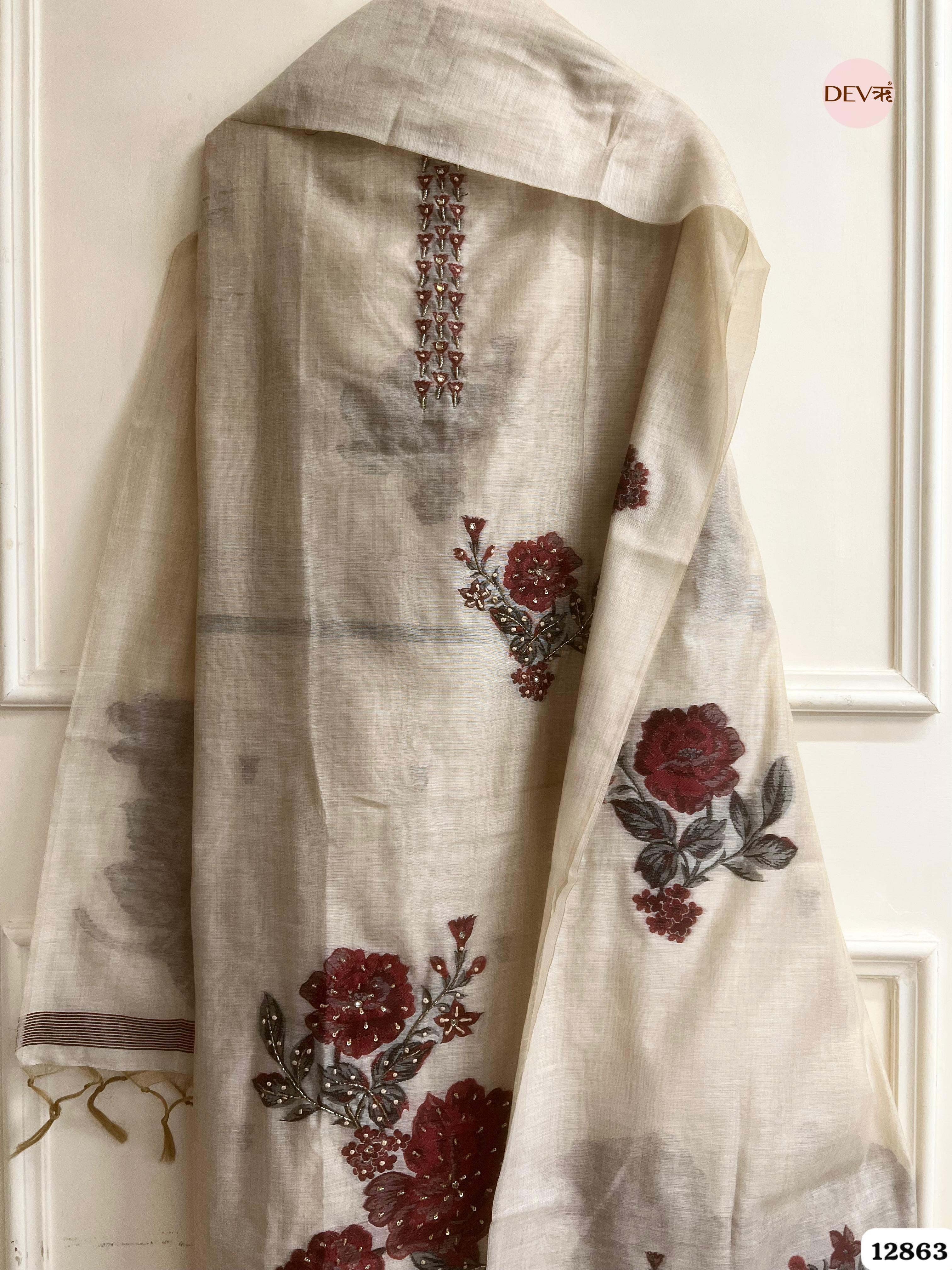 Pista Green Mul Chanderi Embroidered Unstitched 3-Piece Suit (Devri – D.No 12863)