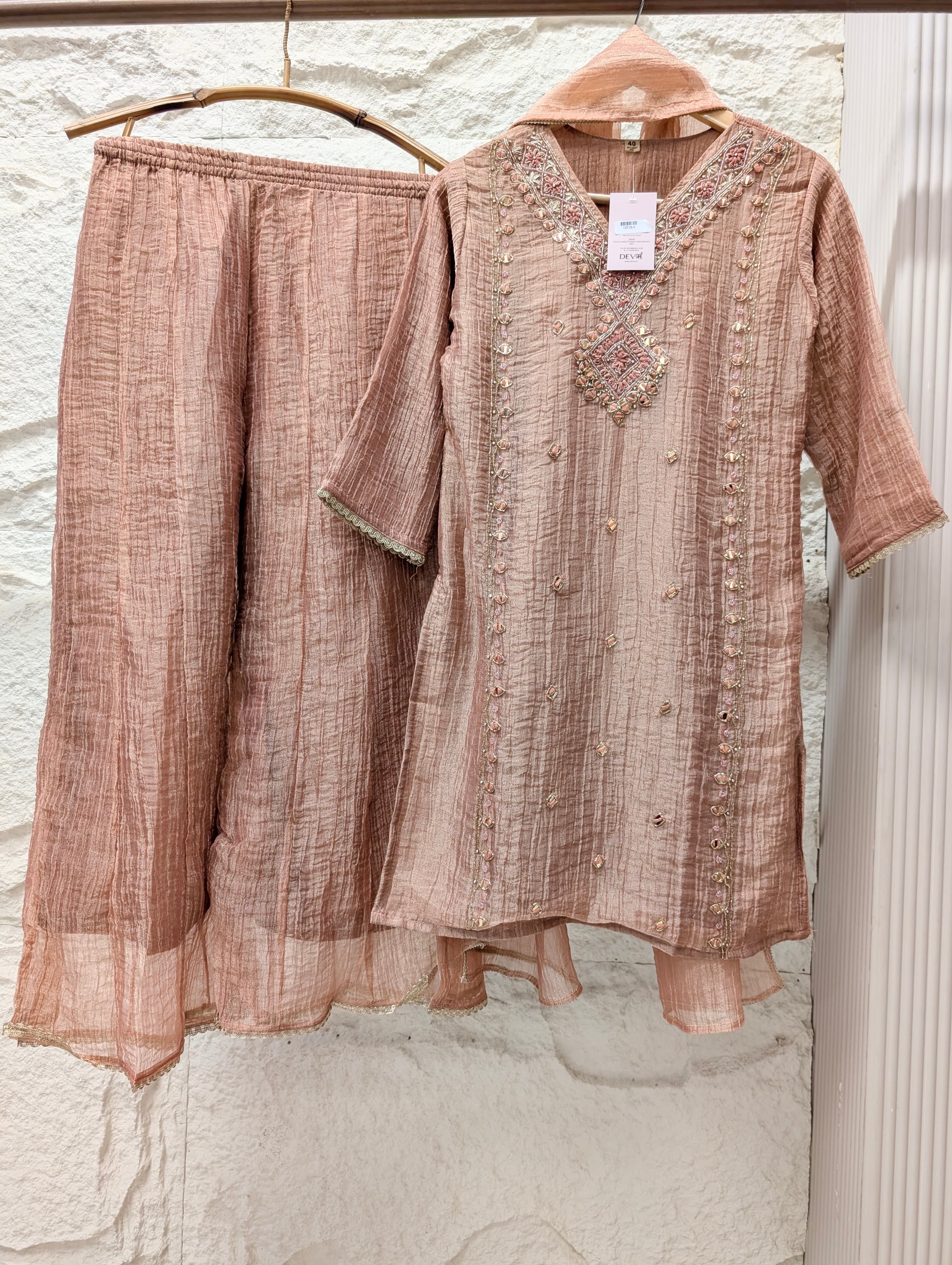 Gulnaar Tissue silk Embroidered Blush Pink 3-Piece Set (Devri – D.No 13715)