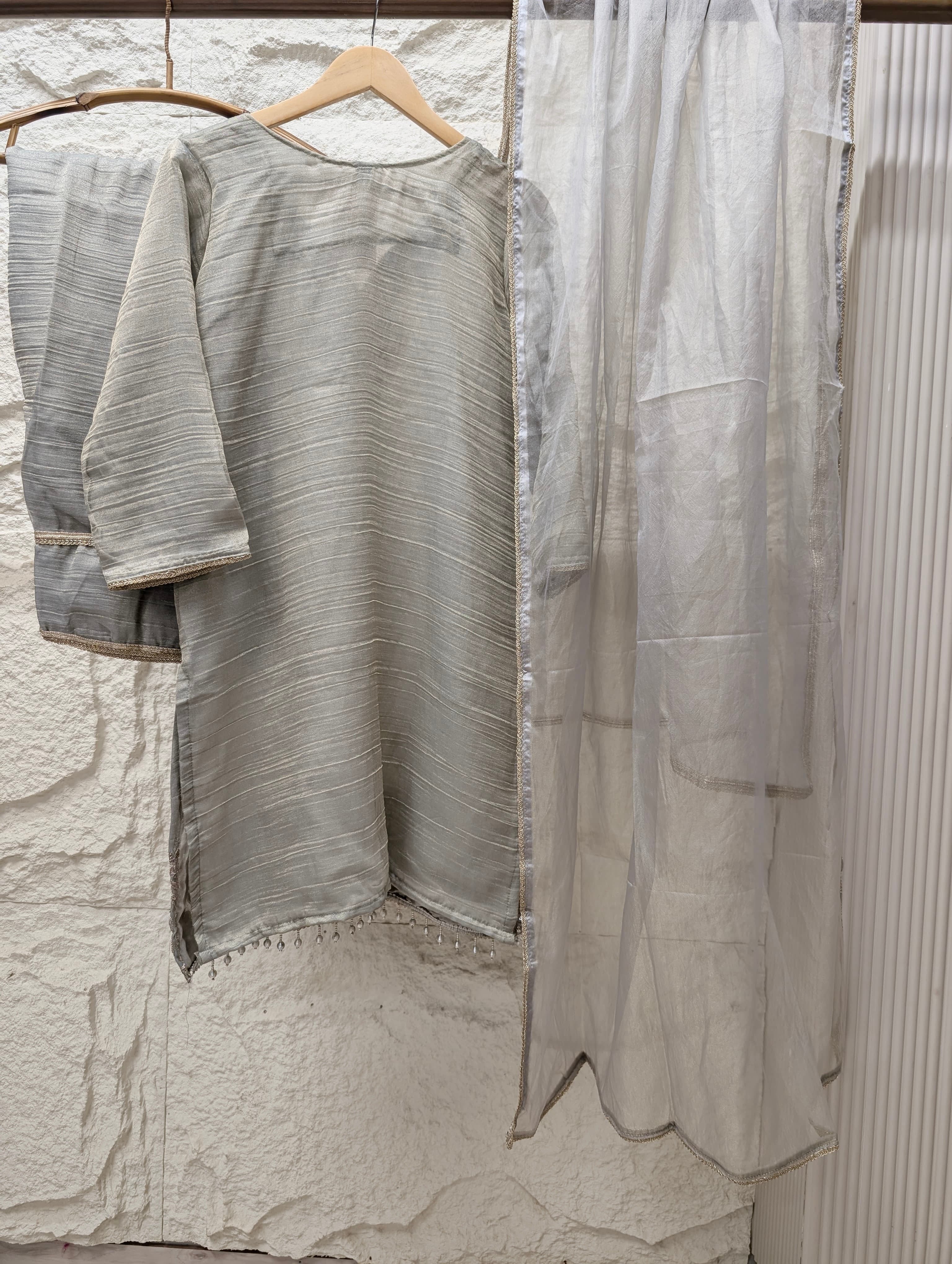 Zarmina Tissue silk blend Embroidered Silver 3-Piece Set (Devri – D.No 13749)