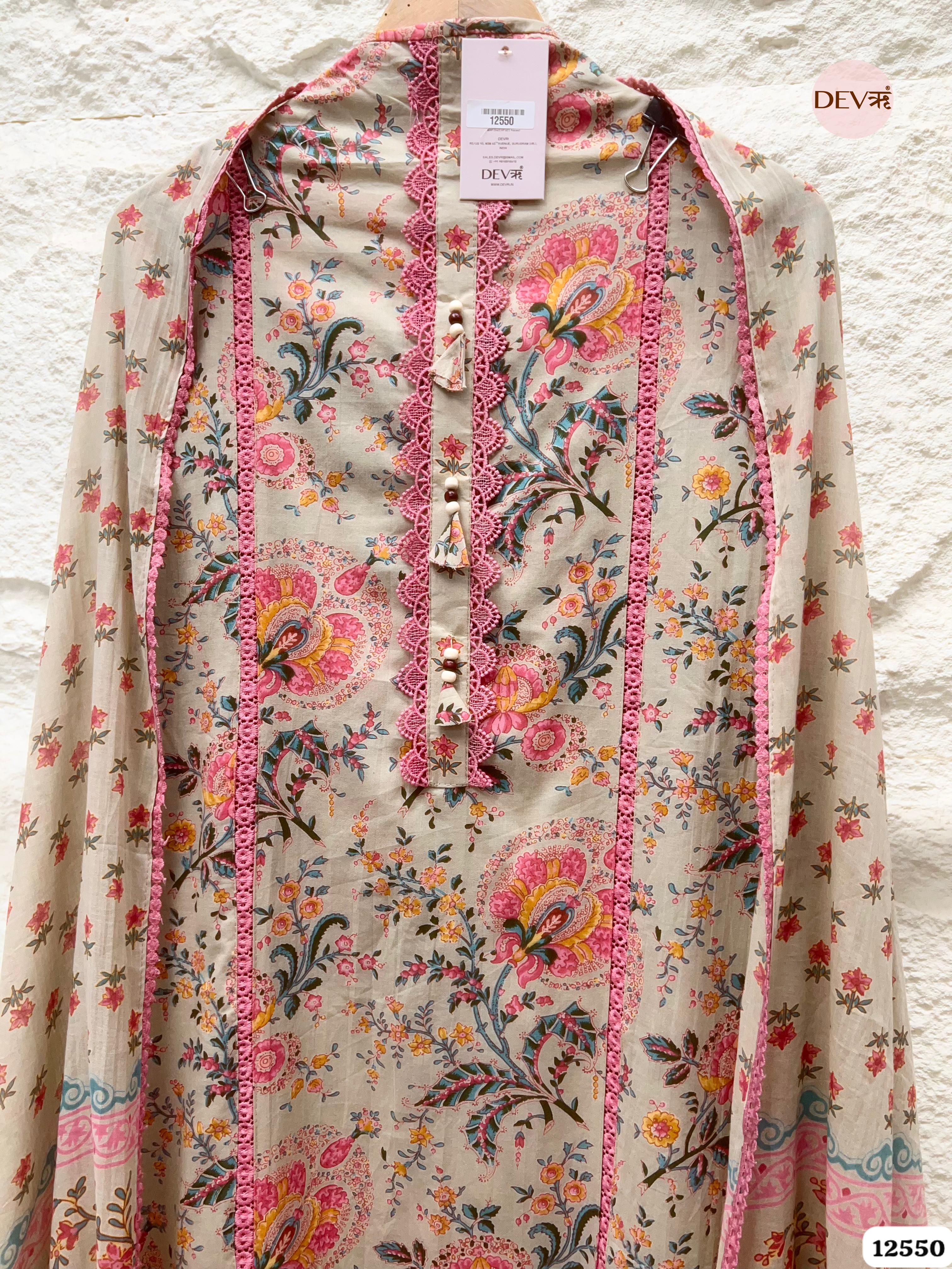 Beige Pure Cotton Floral Printed Unstitched 3-Piece Suit (Devri – D.No 12550)
