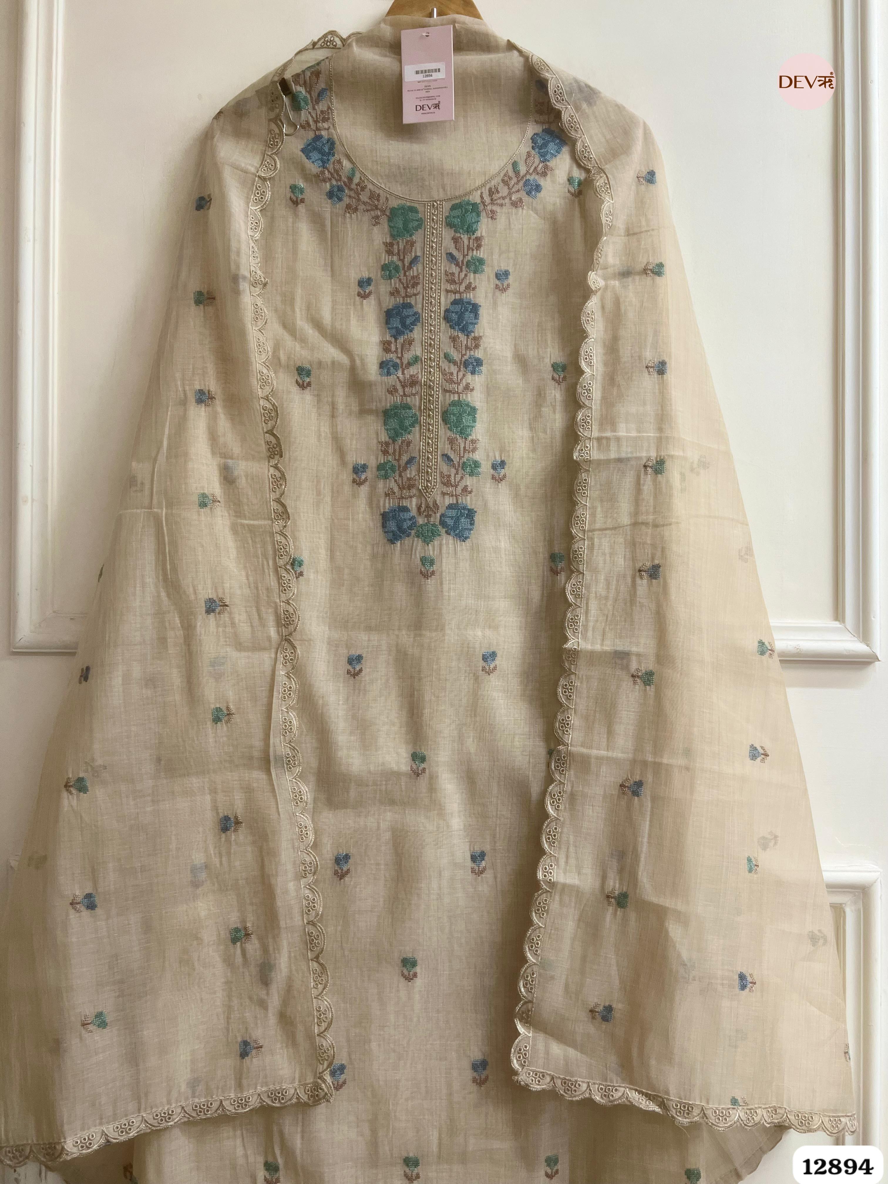 Beige Mul Chanderi Embroidered Unstitched 3-Piece Suit (Devri – D.No 12894)