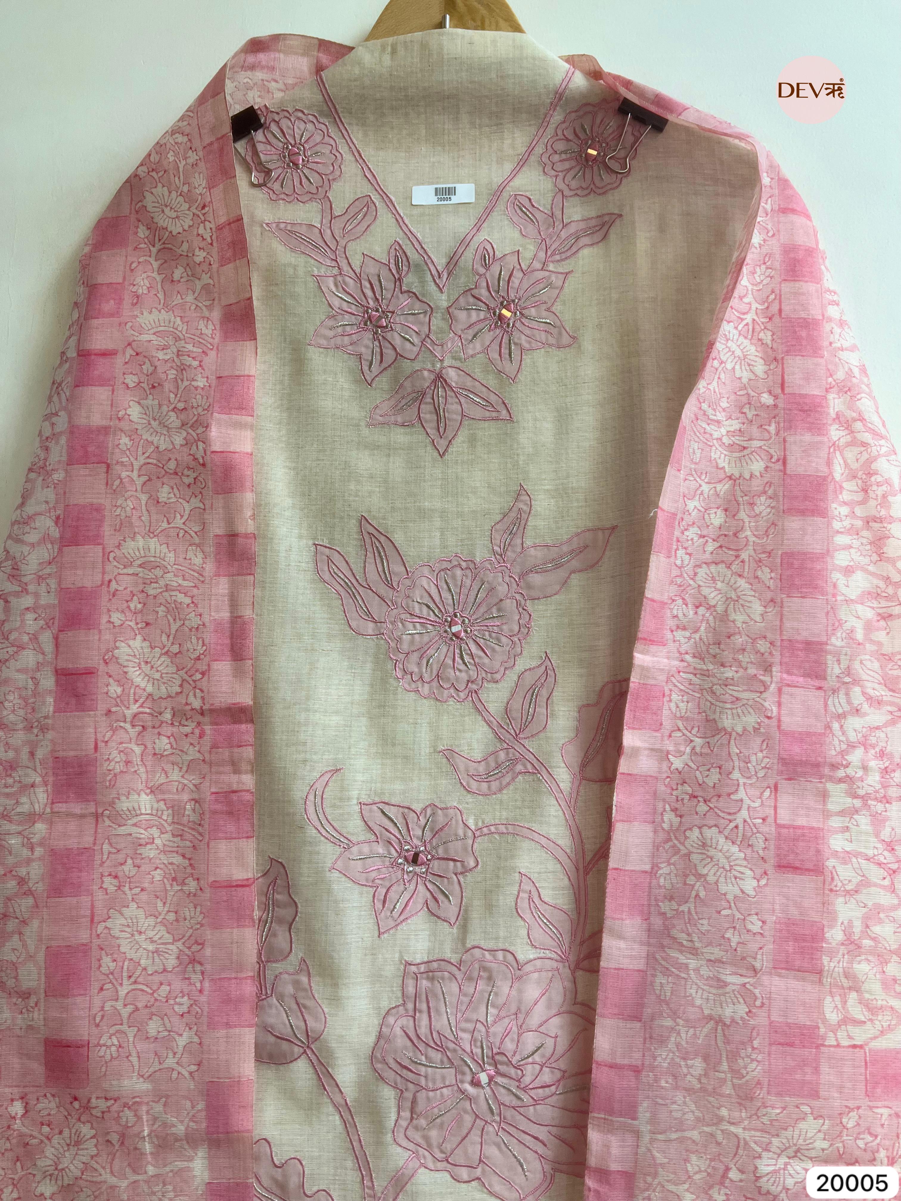 Beby pink Pure Linen Cotton Embroidered Unstitched 3-Piece Suit (Devri – D.No 20005)